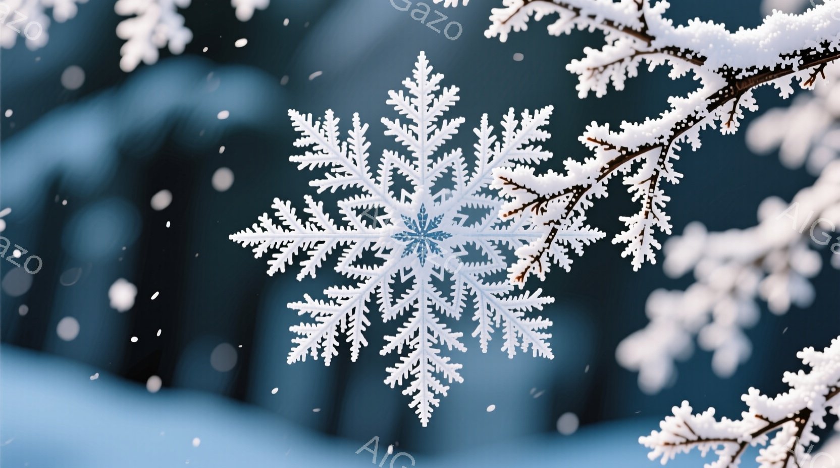 鮮やかな雪の結晶が、細い木の枝に寄り添うように写っている。背景はぼやけた冬の森で、雪が舞い散り、全体的に冷たく静謐な雰囲気を醸し出している。雪の結晶の繊細な模様と、木の枝に付着した雪の白さが際立っている。