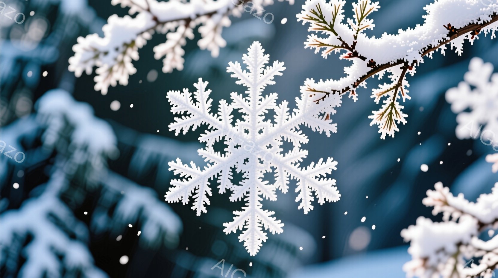 白い雪の結晶が、深い青色の背景の中に浮かび上がっています。針葉樹の枝に雪が降り積もり、結晶が鮮やかに際立っています。全体的に静かで、冬の冷たい空気を感じさせる、神秘的な雰囲気です。