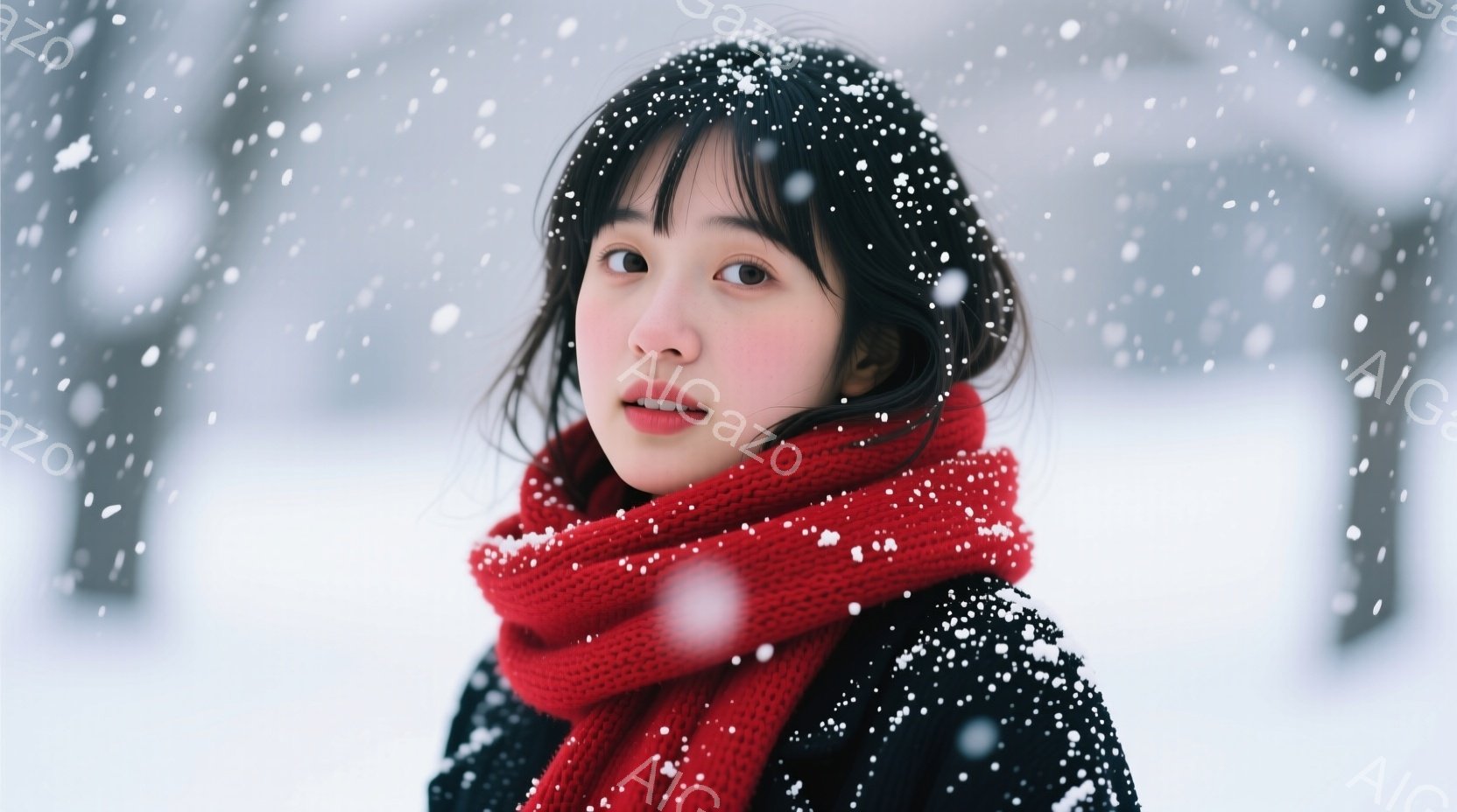 雪が降る中で、赤いニットのネックウォーマーを巻いた若い女性がこちらを見ている。彼女は黒いコートを着ており、肩までの長さの黒髪は風で少し乱れているが、全体的に整っている。背景は雪景色で、ぼやけた木々や建 - AI生成フリー素材