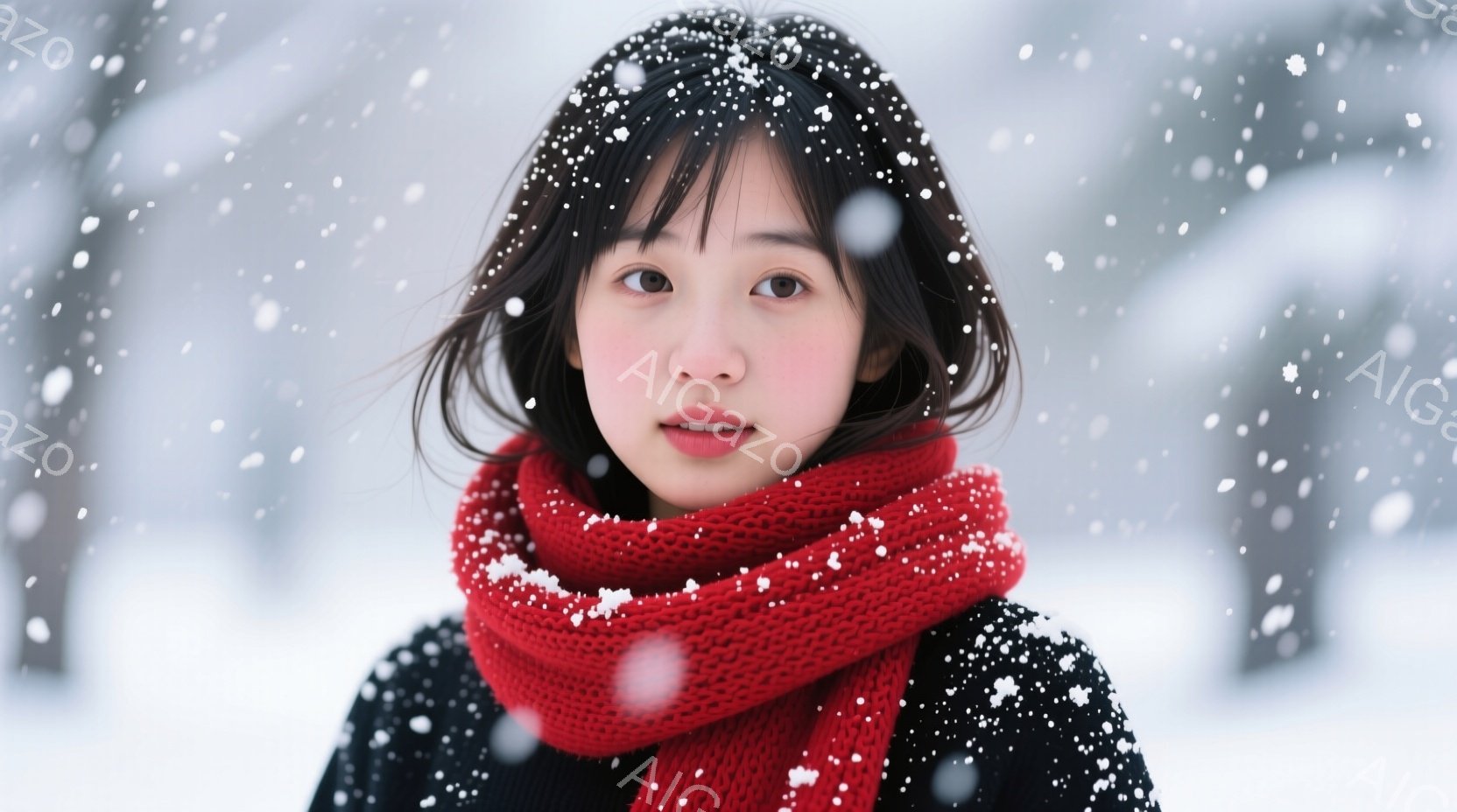 黒髪の女性が雪の中で微笑んでいます。彼女は黒いセーターに赤い編み物のマフラーを巻き、雪が髪とマフラーに積もっています。背景は雪景色で、ぼやけた木々が見え、全体的に穏やかで冬らしい雰囲気を醸し出していま - AI生成フリー素材