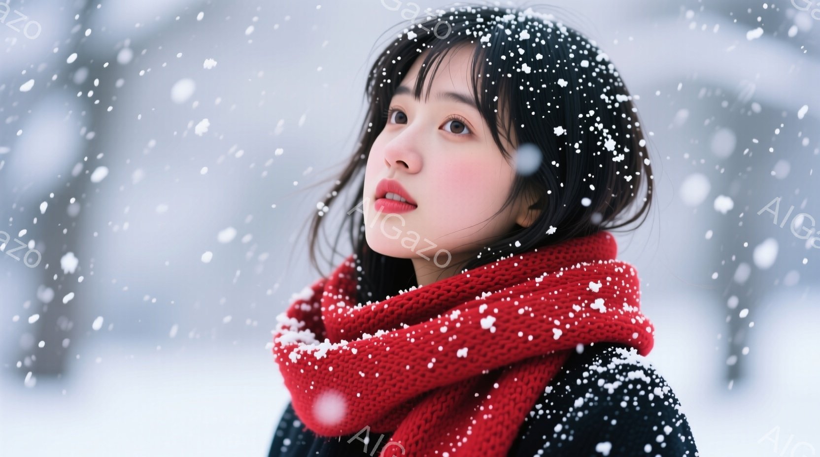 黒髪で、前髪を少しふんわりとさせた女性が写っています。赤いニットのマフラーを首に巻き、少し上を見上げています。背景は雪が舞う冬の風景で、ぼやけた白い建物が見え、全体的に静かでロマンチックな雰囲気が漂っています。