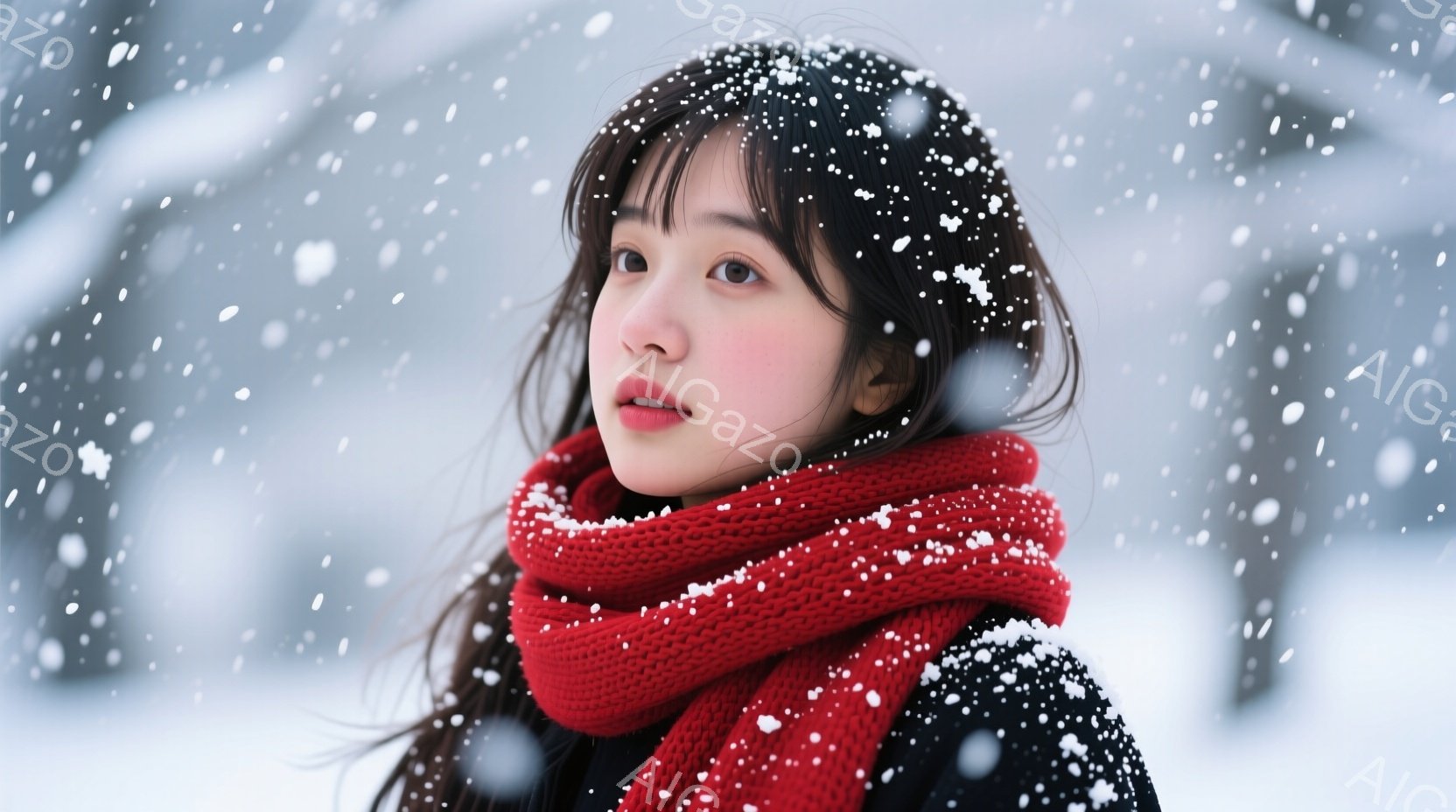 長い黒髪に赤いマフラーを巻き、女性が正面を見つめています。雪が降り積もり、彼女の髪と肩に舞い降りています。背景はぼやけていますが、雪景色の中に建物が見え、全体的に冬の静かでロマンチックな雰囲気を醸し出 - AI生成フリー素材