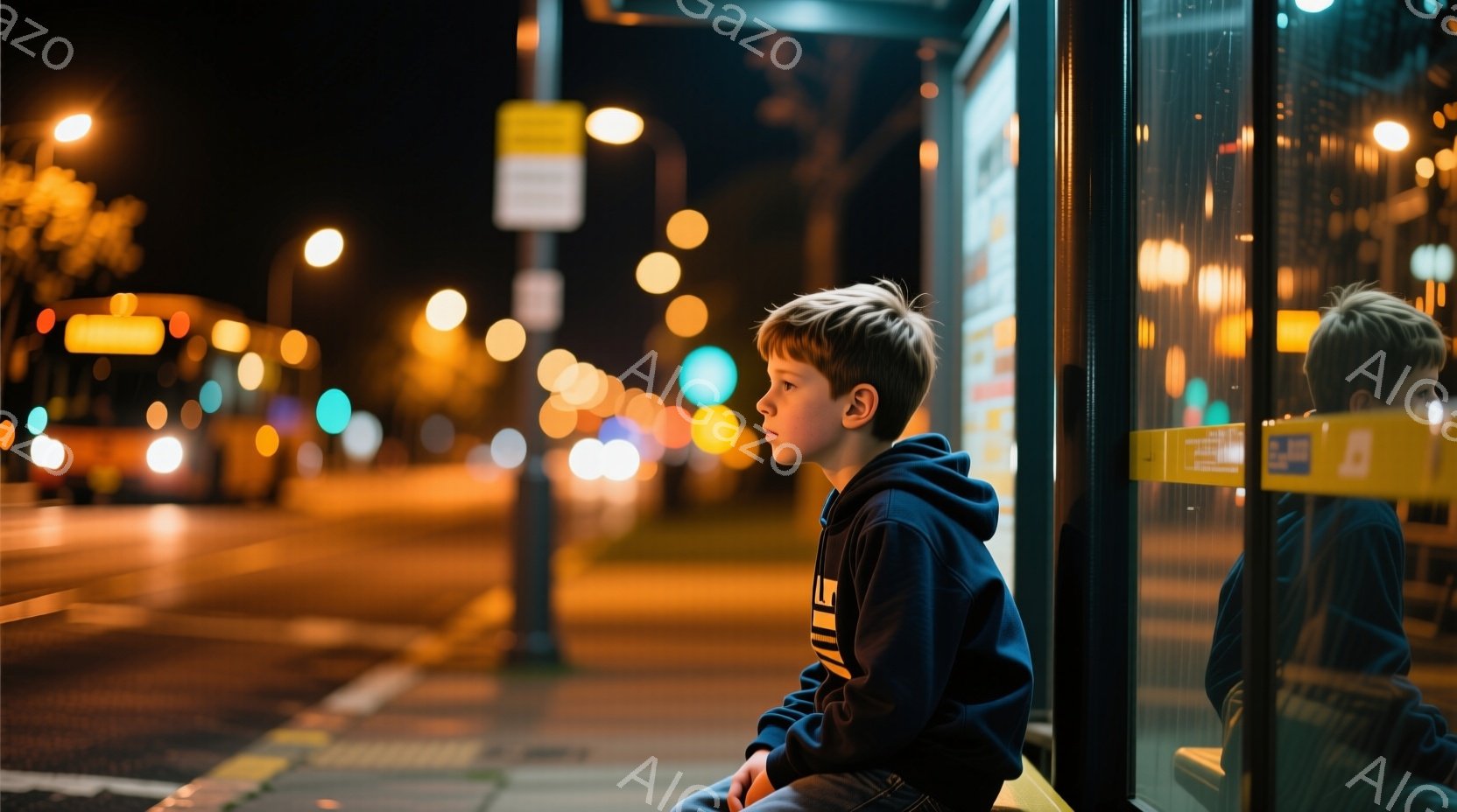 少年はバス停のベンチに座り、どこか遠くを見つめている。彼は濃い青色のパーカーとジーンズを着ており、短くカールした髪をしている。背景には夜の街並みがぼやけて見え、街灯や車のライトが光り、少し寂しげな雰囲気を醸し出している。