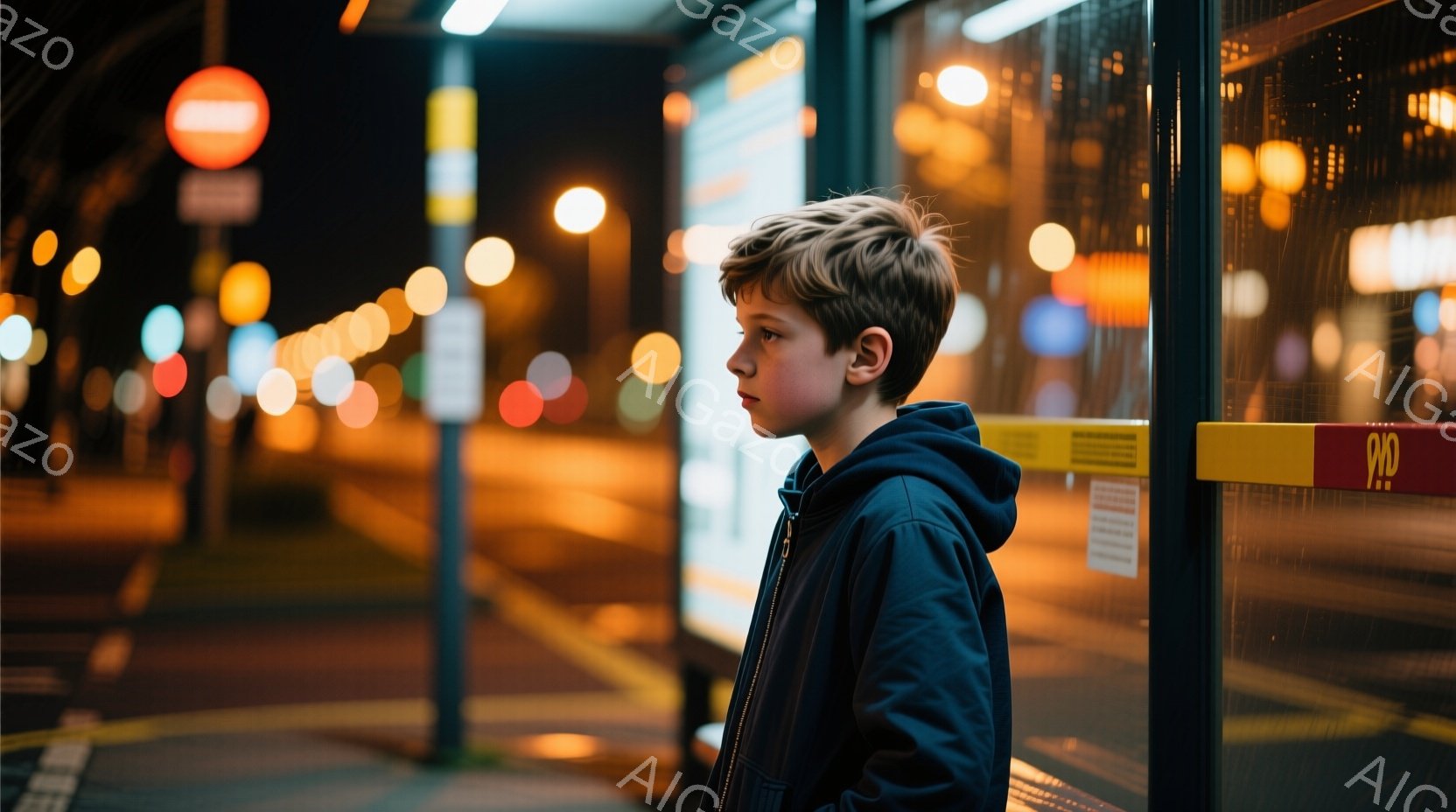 若い少年が、夜のバス停で外を眺めている。彼は濃い青色のパーカーを着ており、少しカールした茶色の髪をしている。背景は夜景のぼやけで、街灯や車のライトが点滅しており、全体的に少し寂しげで物憂げな雰囲気が漂 - AI生成フリー素材