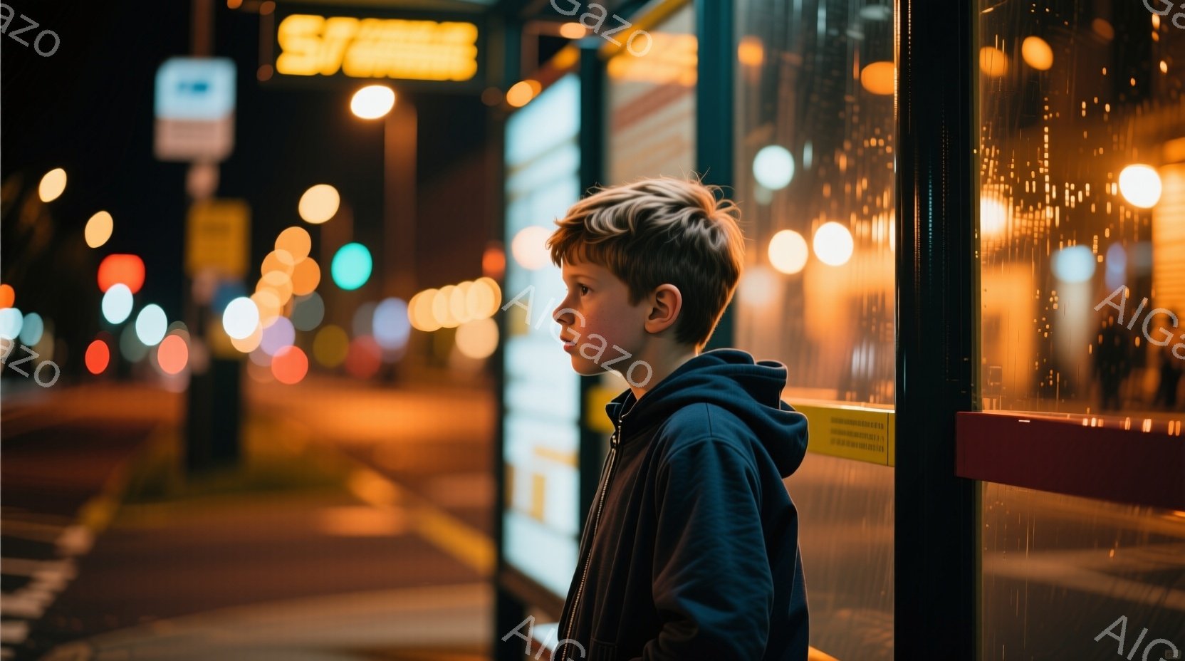若い少年がバス停の壁にもたれかかって立っている。彼は濃い青色のパーカーを着ており、金髪の髪は少し無造作にセットされている。背景は夜の街並みで、ぼやけた光が点在し、少し憂いを帯びた雰囲気を醸し出している - AI生成フリー素材