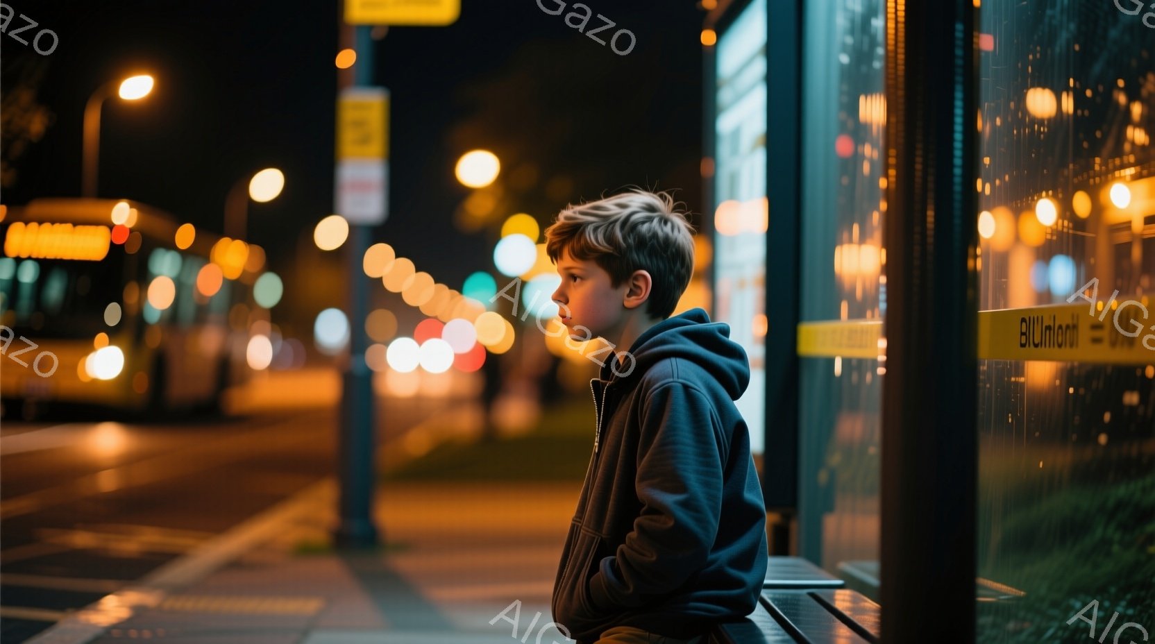 少年は薄暗い夜のバス停のベンチに座り、少し憂いを帯びた表情で遠くを見つめている。彼は濃い青のパーカーを着ており、短くカールした髪をしている。背景は夜の街並で、ぼやけた街灯と建物が夜の雰囲気を醸し出している。