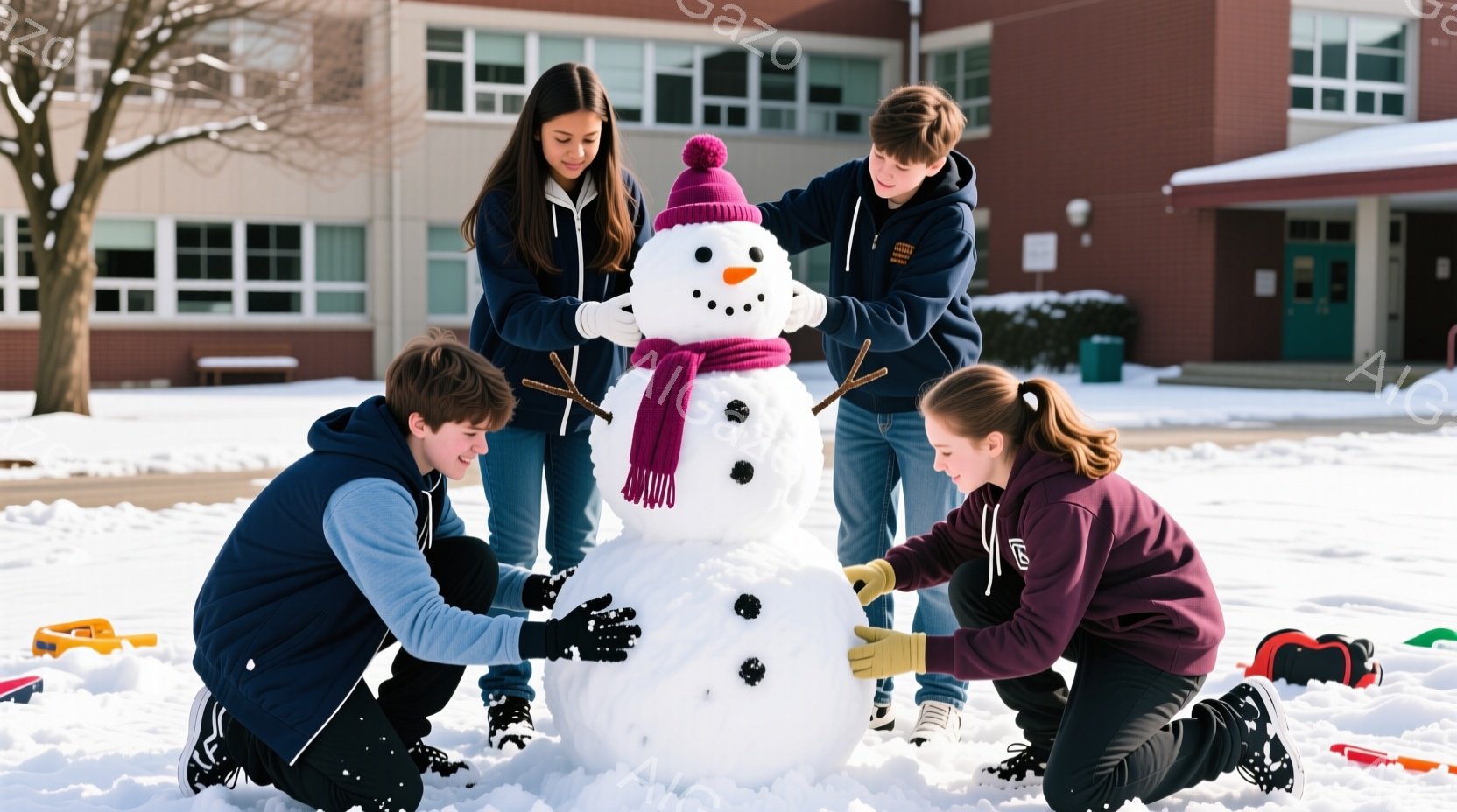 雪だるみが三人の若者に取り囲まれており、彼らは雪だるみの仕上げに協力しています。彼らは全員冬の暖かい服装で、青と紫のパーカーを着ています。背景には、雪に覆われた芝生と建物があり、冬の穏やかな雰囲気が漂っています。