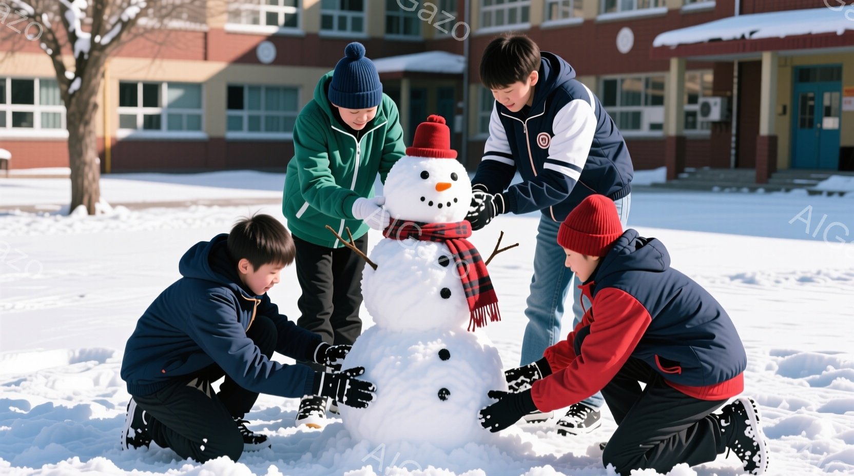 雪景色の中で、少年たちが雪だるまを作っている様子が描かれています。少年たちは皆、冬の防寒着を着ており、それぞれ赤い帽子や青いセーターなど、カラフルな服装です。雪だるまは、にんじんの鼻と枝の腕、カラフルなマフラーで飾られており、背景には建物と木が見え、全体的に温かく楽しい雰囲気が漂っています。
