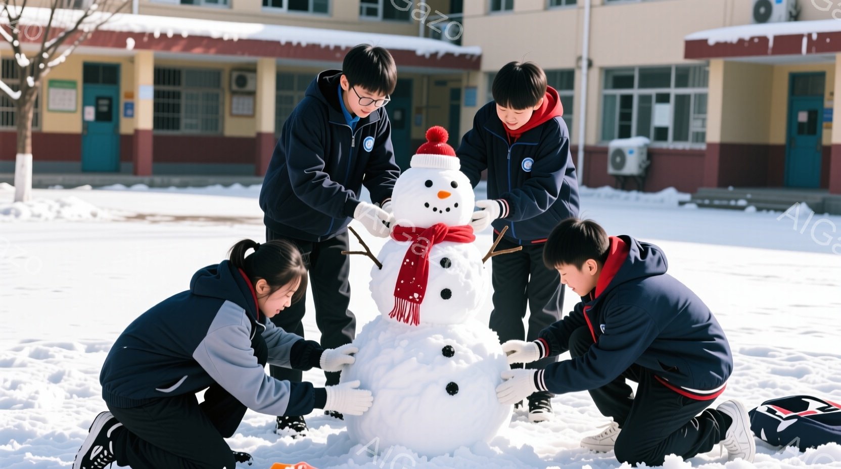 雪景色の中で、制服を着た4人の子供たちが雪だるまを作っています。子供たちは皆、黒髪で、冬の寒さから身を守るために厚手のコートを着ています。背景には、白い建物と雪に覆われた地面が見え、全体的に温かく、楽しげな雰囲気が漂っています。