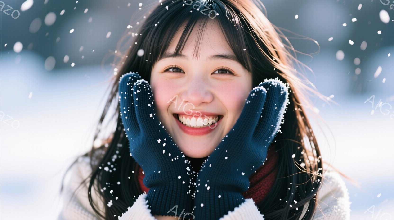 長い茶色の髪を持つ女性が、雪の中で笑顔で両手を頬に当てています。白いセーターと赤いスカーフを身につけ、濃い青色の手袋を着用しています。背景は雪景色で、冬の暖かく幸せな雰囲気が漂っています。 - AI生成フリー素材