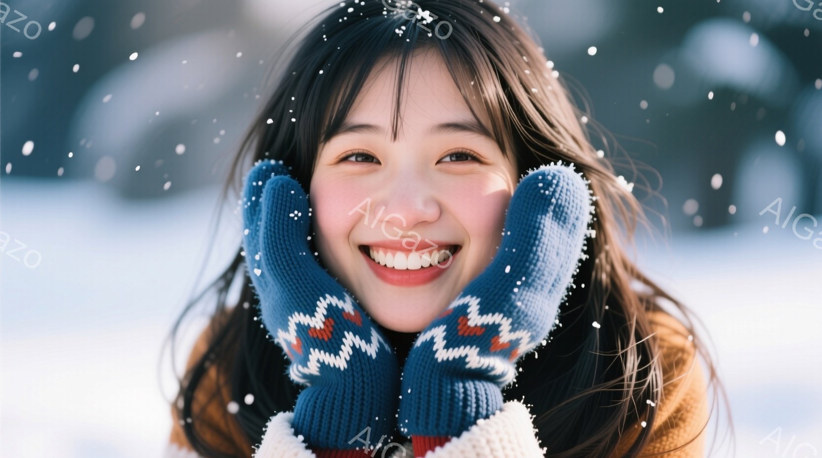 長い茶色の髪をした女性が、青いニットの手袋で顔を覆いながら笑顔でこちらを見ている。彼女はベージュのセーターを着ており、背景には雪が舞う冬の風景がぼやけて見える。全体的に暖かく、幸せな雰囲気が漂っている。