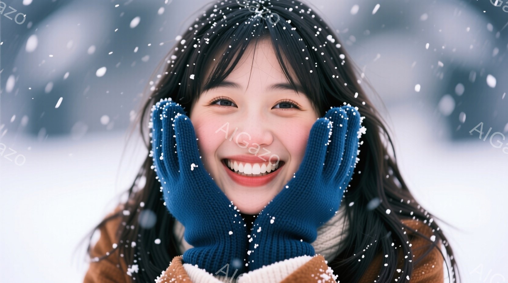 長い黒髪の女性が雪の中で微笑んでいます。彼女は茶色のコートと白いセーターを着て、濃い青色のミトンを顔の横に当てています。背景は雪景色で、雪が舞っており、冬の暖かく明るい雰囲気が伝わってきます。