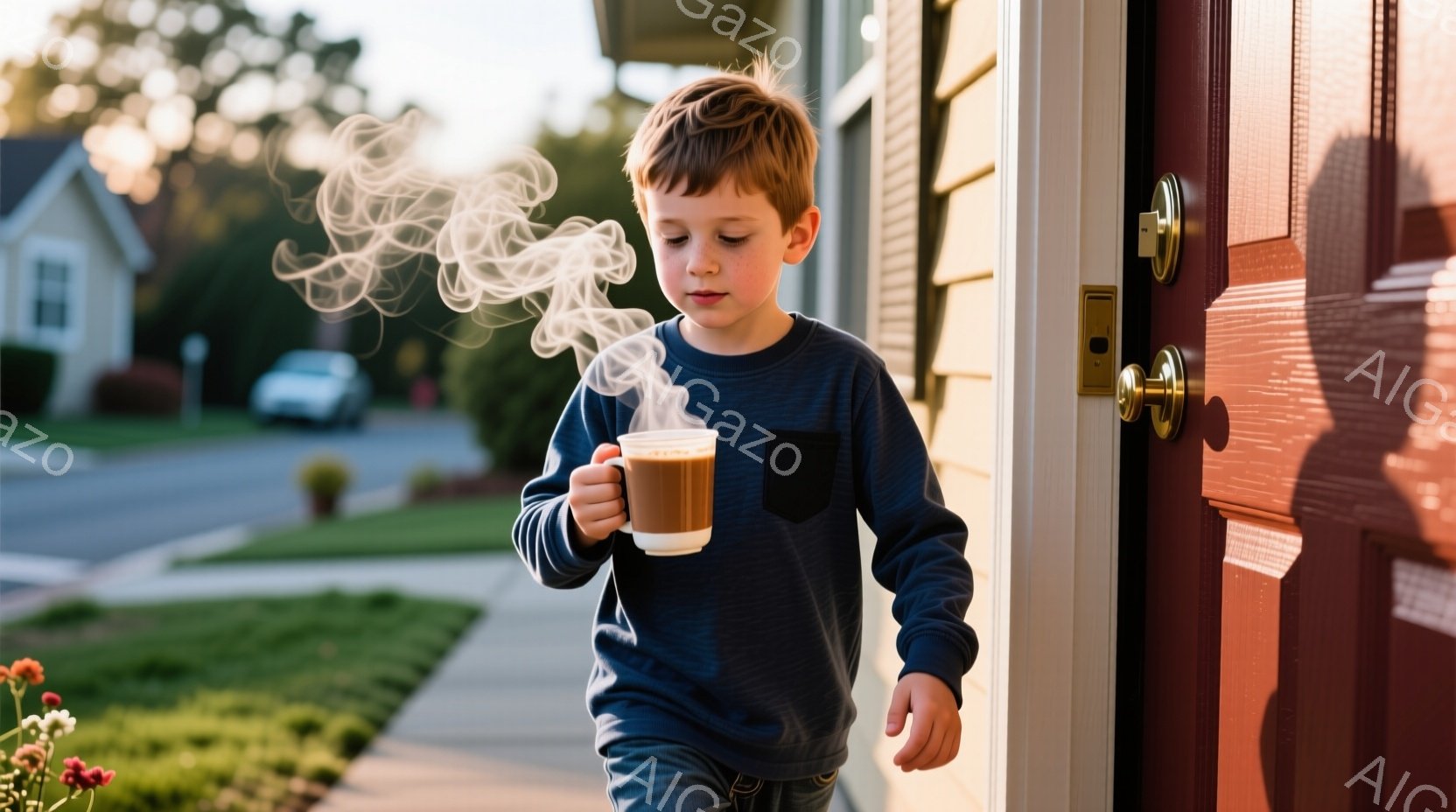 赤毛の少年が、湯気が立ち上るマグカップを持って家の外で立っている。彼は濃い青色のセーターとズボンを身に着け、少しうつむき加減で何かを考えているような表情をしている。背景には住宅街が広がり、緑の芝生と朝日が穏やかな雰囲気を醸し出している。