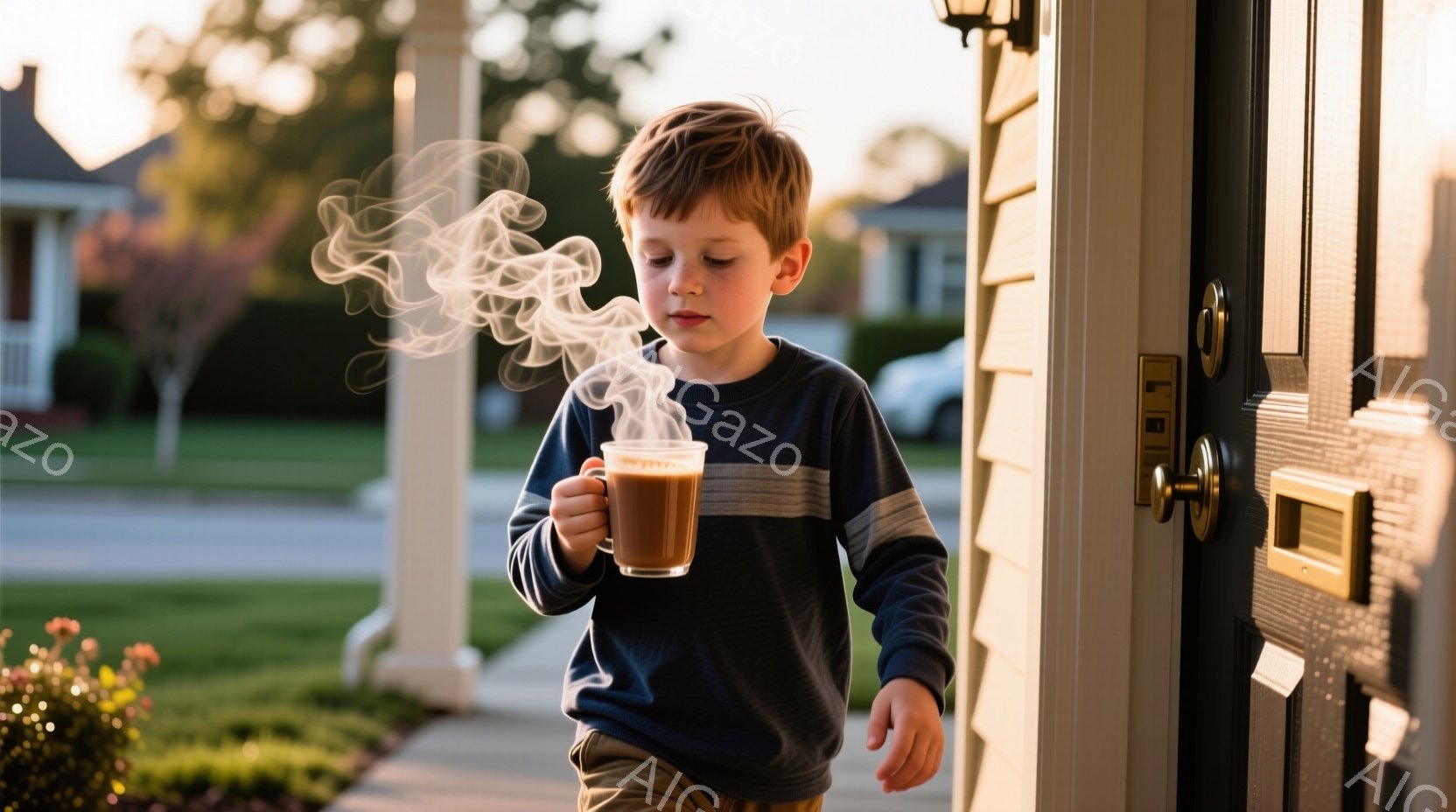 茶髪の少年が、湯気が立ち上るマグカップを手に、家の外の歩道で立っている。彼は紺色と灰色の横縞のセーターにカーキ色のズボンを着用し、少しうつむき加減で物思いにふけっているようだ。背景には、緑豊かな芝生、花壇、そして穏やかな光に照らされた住宅が並び、平和で落ち着いた雰囲気を醸し出している。