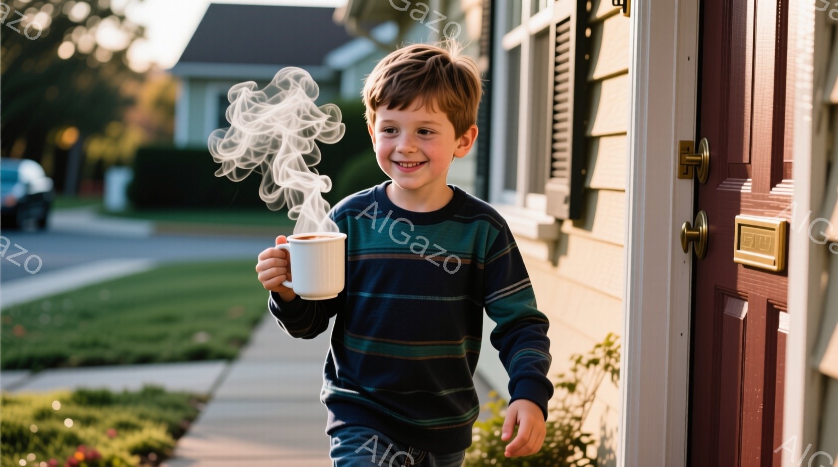茶髪の少年が、湯気の立つマグカップを両手で抱え、笑顔でこちらを見ている。彼は紺色と緑色のストライプのセーターを着ており、背景には住宅と緑の芝生、そして晴れた空が広がっている。全体的に暖かく、穏やかな家 - AI生成フリー素材