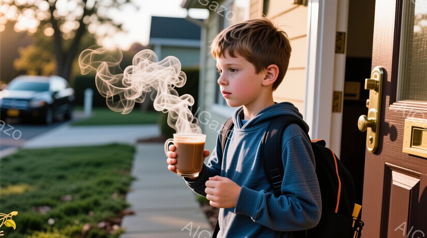 少年は、バックパックを背負い、立ち止まって湯気の立つマグカップを両手で持っています。彼は青色のパーカーを着ており、短く刈り込んだ髪型で、やや考え込んでいるような表情をしています。背景には緑豊かな芝生、住宅、そして穏やかな光が差し込む天候が見え、全体的に静かで落ち着いた雰囲気です。