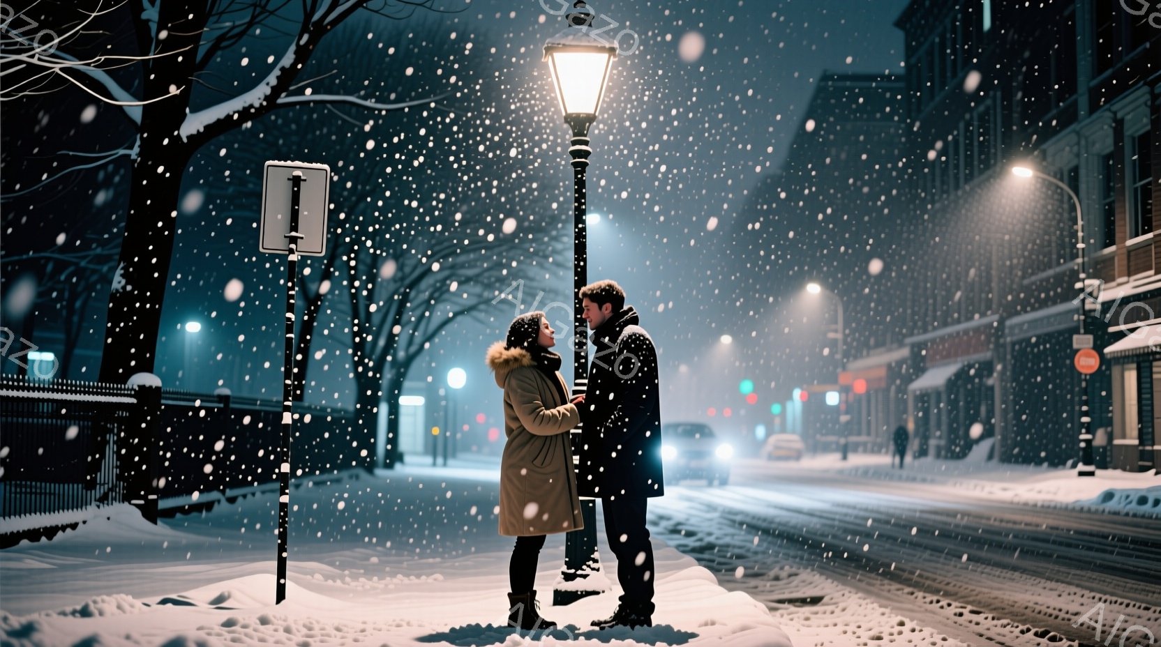 雪が降る夜の街並みで、若い男女が寄り添い合っている。女性はクリーム色のコートと帽子を着用し、長い髪を外に出している。男性は黒いコートとニット帽を着用し、女性を見つめており、二人の間には穏やかでロマンチ - AI生成フリー素材