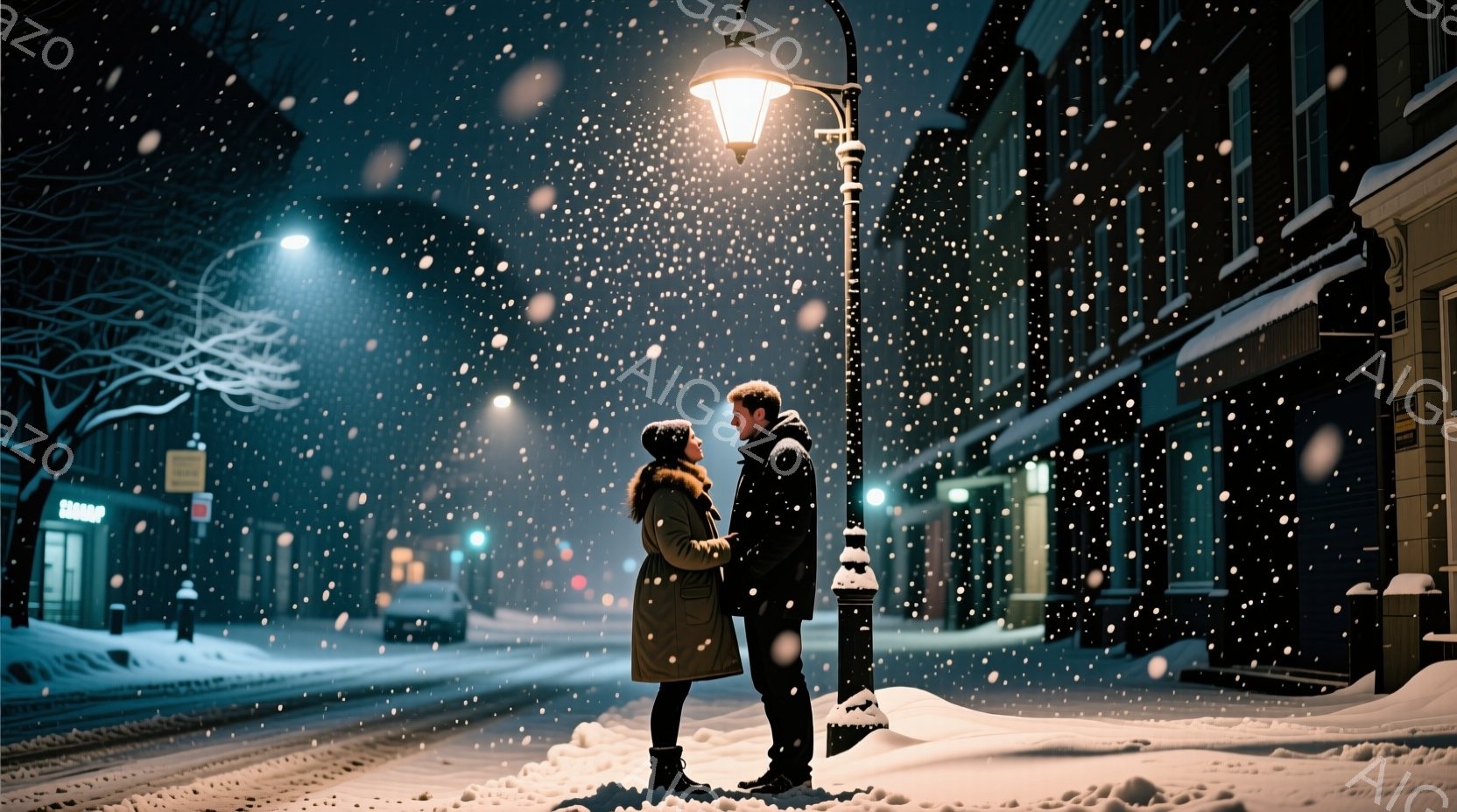 雪が降る夜の街並みで、男女が寄り添って立っている。女性はベージュのロングコートに黒いブーツを履き、男性は黒いコートを着ている。背景には雪に覆われた建物と街灯があり、ロマンチックで穏やかな雰囲気を醸し出 - AI生成フリー素材