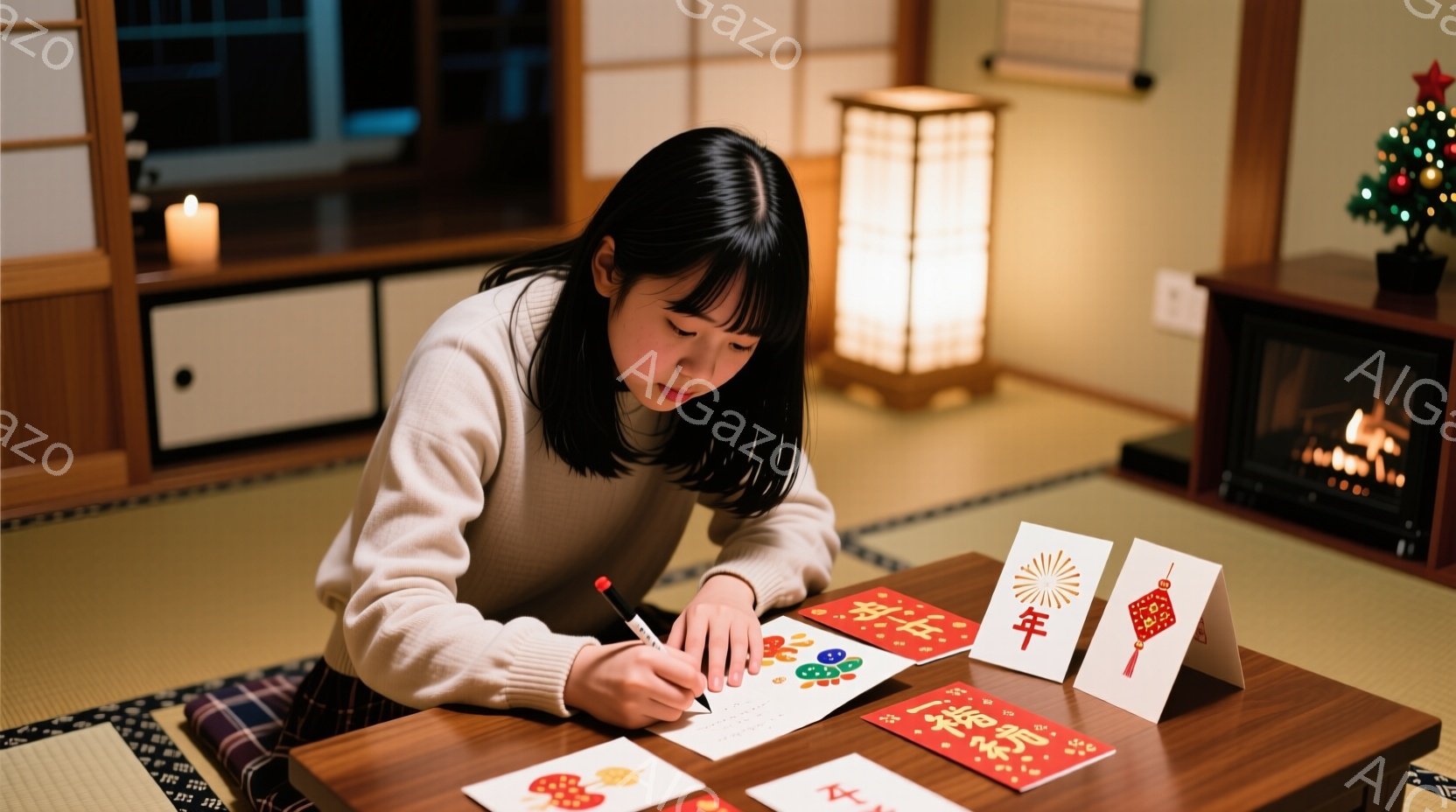 若い女性が畳の上に置かれた低いテーブルで年賀状を書いている。彼女はクリーム色のセーターとチェックのスカートを着ており、長い黒髪を肩まで伸ばしている。集中した表情で筆で年賀状に文字を書き、その周りには完成した年賀状や筆ペンが散らばっている。