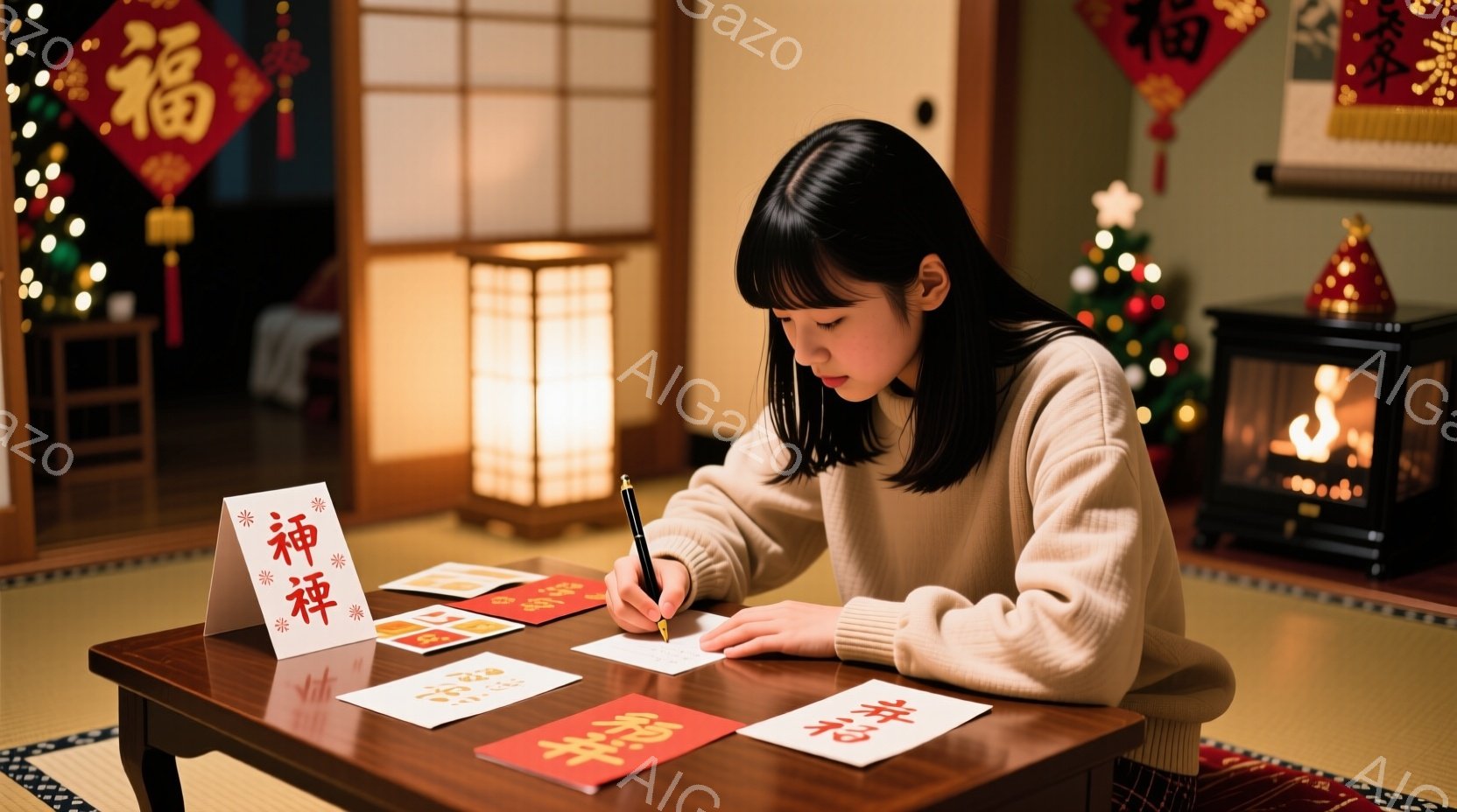 茶色の暖かいセーターを着た若い女性が、畳の上に置かれた低いテーブルで手紙を書いています。彼女は黒髪で、前髪が目にかかるように切られています。背景には、新年の飾りや暖炉、そして伝統的な日本の部屋の要素が - AI生成フリー素材