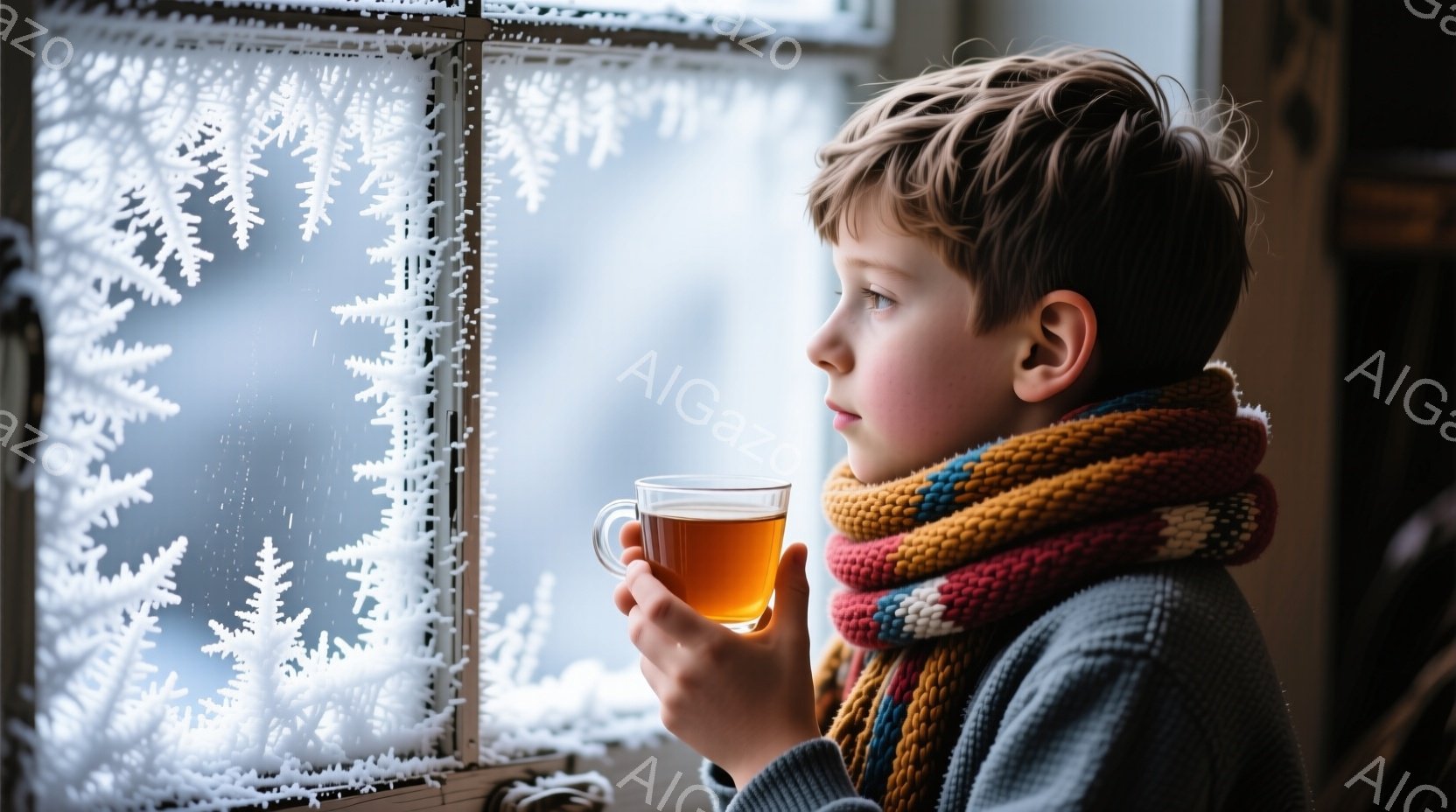 少年は窓の外を眺めながら、湯気の立つマグカップを手に持っています。彼は灰色のセーターとカラフルなストライプのスカーフを身に着け、短く整髪された髪型をしています。窓には雪の結晶が描かれており、外は雪景色で、静かで落ち着いた冬の雰囲気が漂っています。