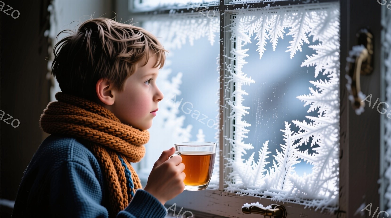 少年の暖色系のセーターとオレンジ色の編み込みマフラーが印象的で、窓の外の雪景色を静かに眺めている。彼はガラスのコップに入った温かい飲み物を持っており、その表情はどこか物思いにふけっているようだ。窓には霜が降りており、冬の静かで穏やかな雰囲気が漂っている。