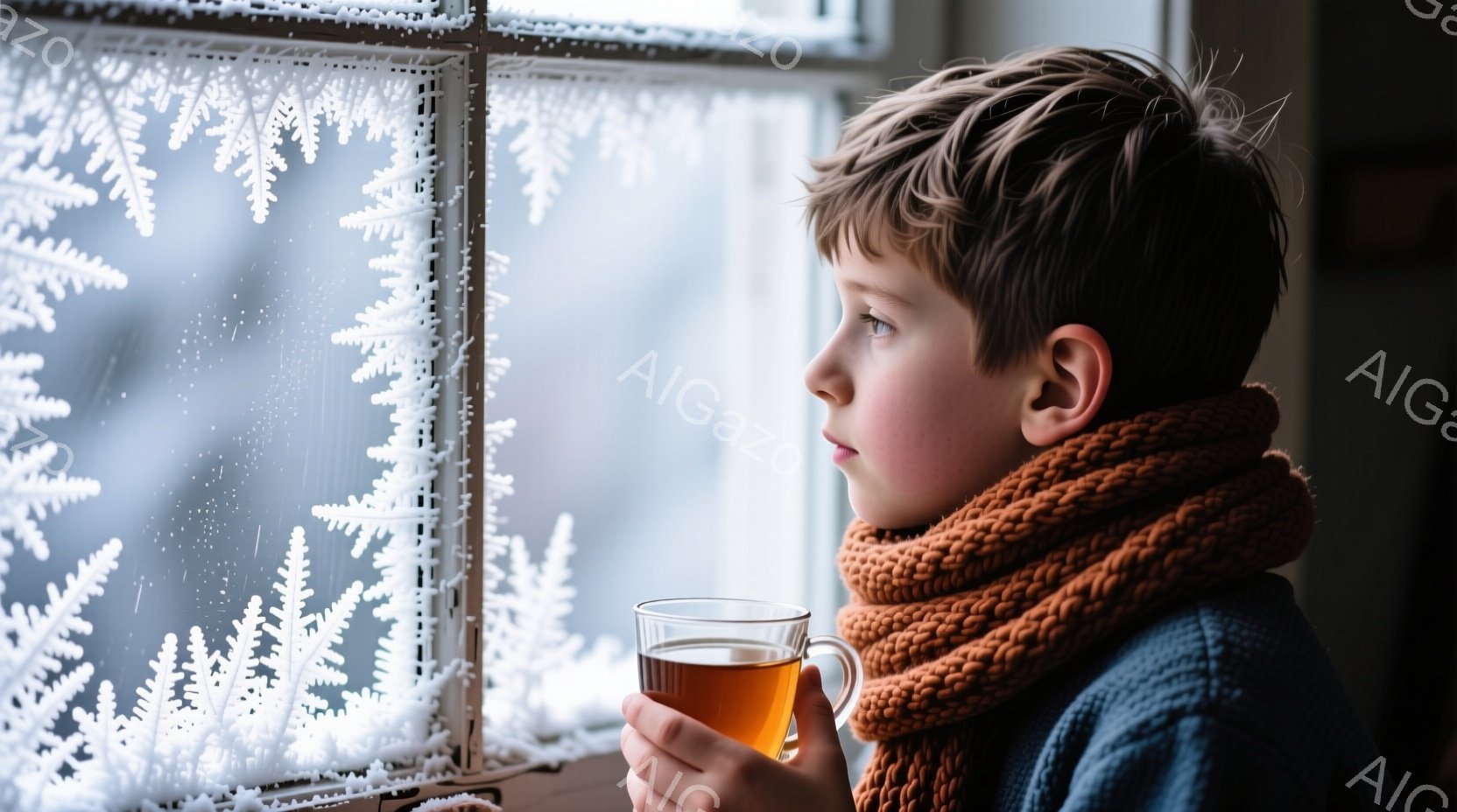 少年は窓の外をじっと見つめ、オレンジ色の編み込みマフラーと濃い青色のセーターを着ています。彼の髪は短く、少しカールがかかっており、表情は物憂げで考え込んでいるように見えます。背景には雪の結晶の模様が描かれた窓があり、外は雪が降っているような、冬の静かで穏やかな雰囲気が漂っています。