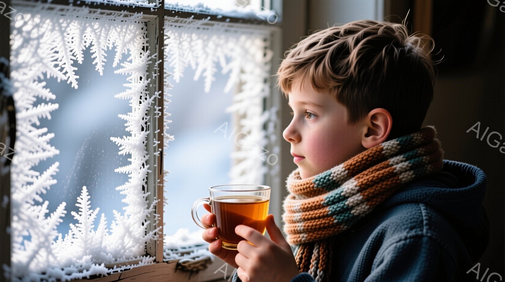 少年は窓辺に立ち、暖かな飲み物を手に持っています。彼は青いセーターとオレンジと水色の編み込みマフラーを着ており、髪は短く、少し無表情な顔をしています。窓の外には雪が降り積もり、窓ガラスには霜の模様が描かれ、全体的に穏やかで静かな冬の雰囲気が漂っています。