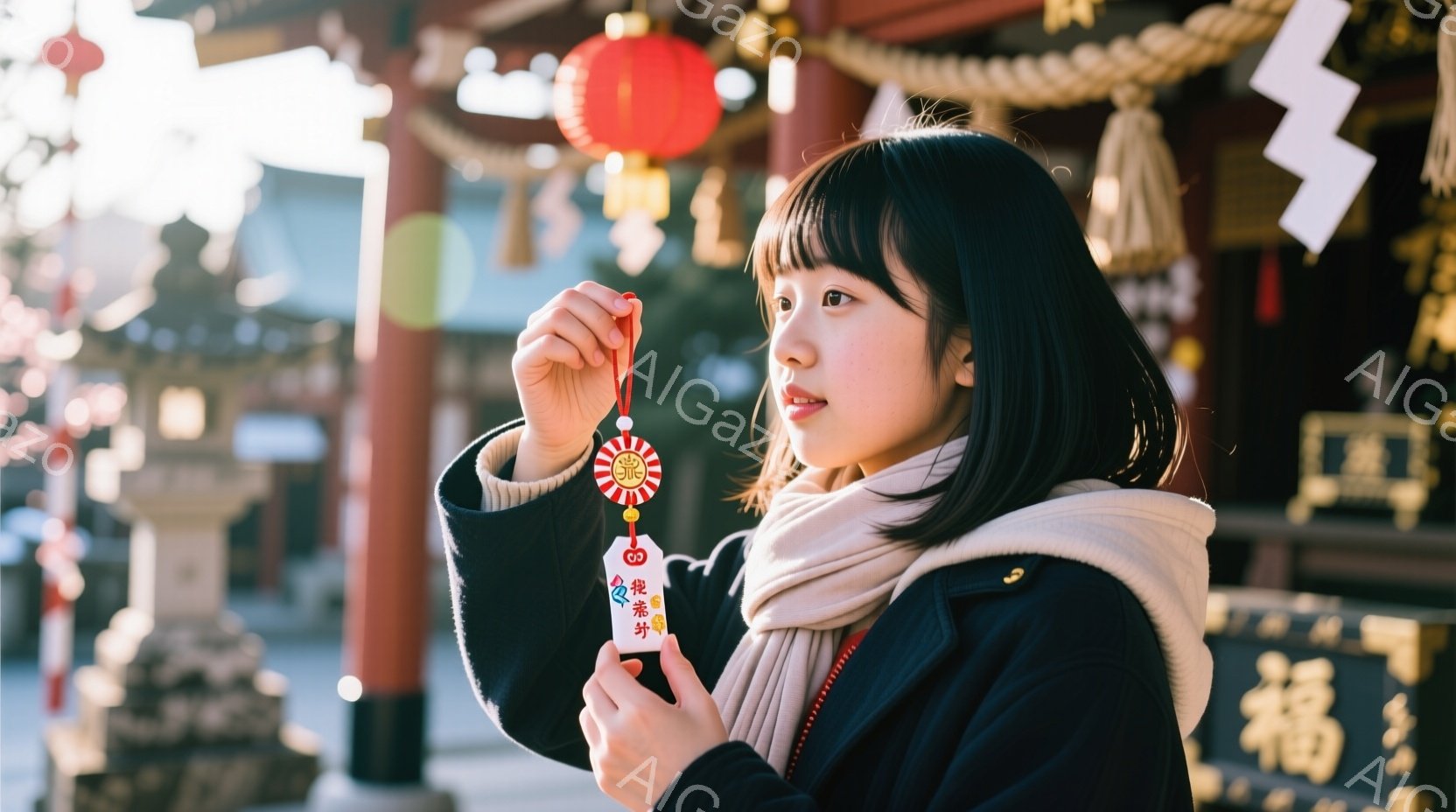 黒髪のボブカットの女性が、赤い縁の白いお守りを手に持っています。彼女は黒いジャケットと白いマフラーを着ており、少し上目遣いで遠くを見つめています。背景には、鳥居や提灯が見え、神社の厳かで落ち着いた雰囲気が漂っています。