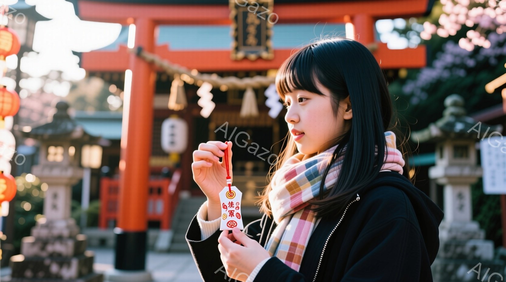 若い女性が赤い提灯や鳥居が並ぶ神社で、お守りを手に持っている。彼女は黒髪のストレートヘアで、チェック柄のストールと黒いコートを着ており、少し微笑んでいるように見える。背景には、暖かく穏やかな日差しが差し込み、桜の花が咲き誇り、春の訪れを感じさせる。