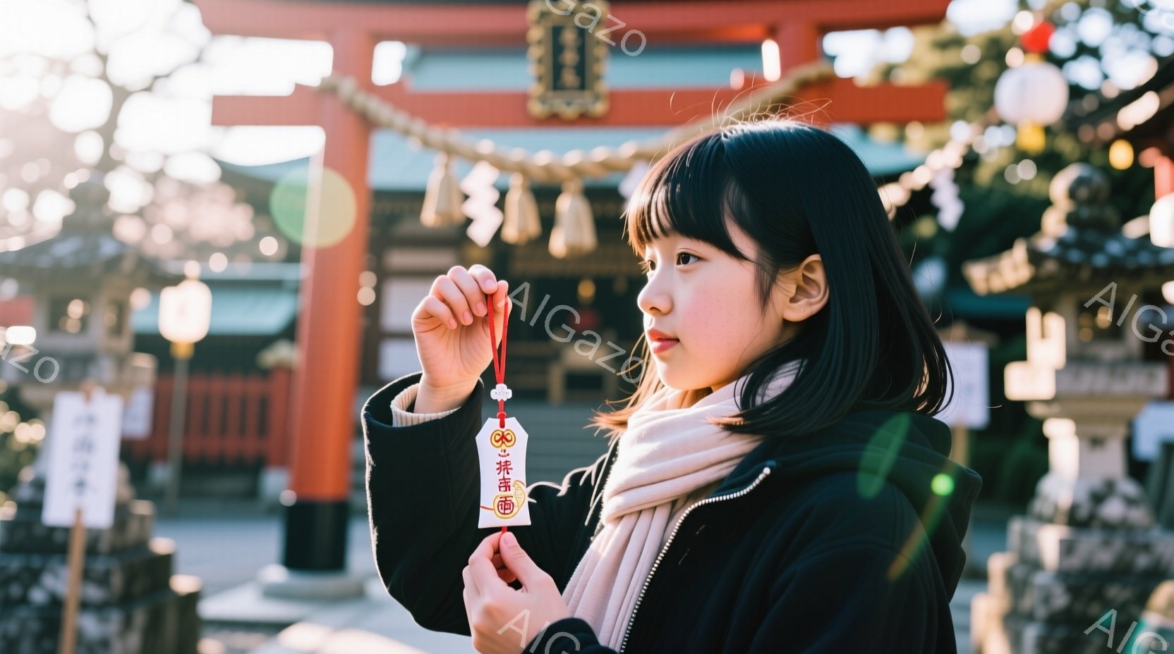 黒髪の若い女性が、赤い紐に結び付けられたお守りを手に持っています。彼女は黒いジャケットに淡いピンク色のマフラーを巻き、少し微笑んでいます。背景には、伝統的な日本の寺院の建物、提灯、そしてわずかに見える木々があり、晴れた日の穏やかな雰囲気を醸し出しています。