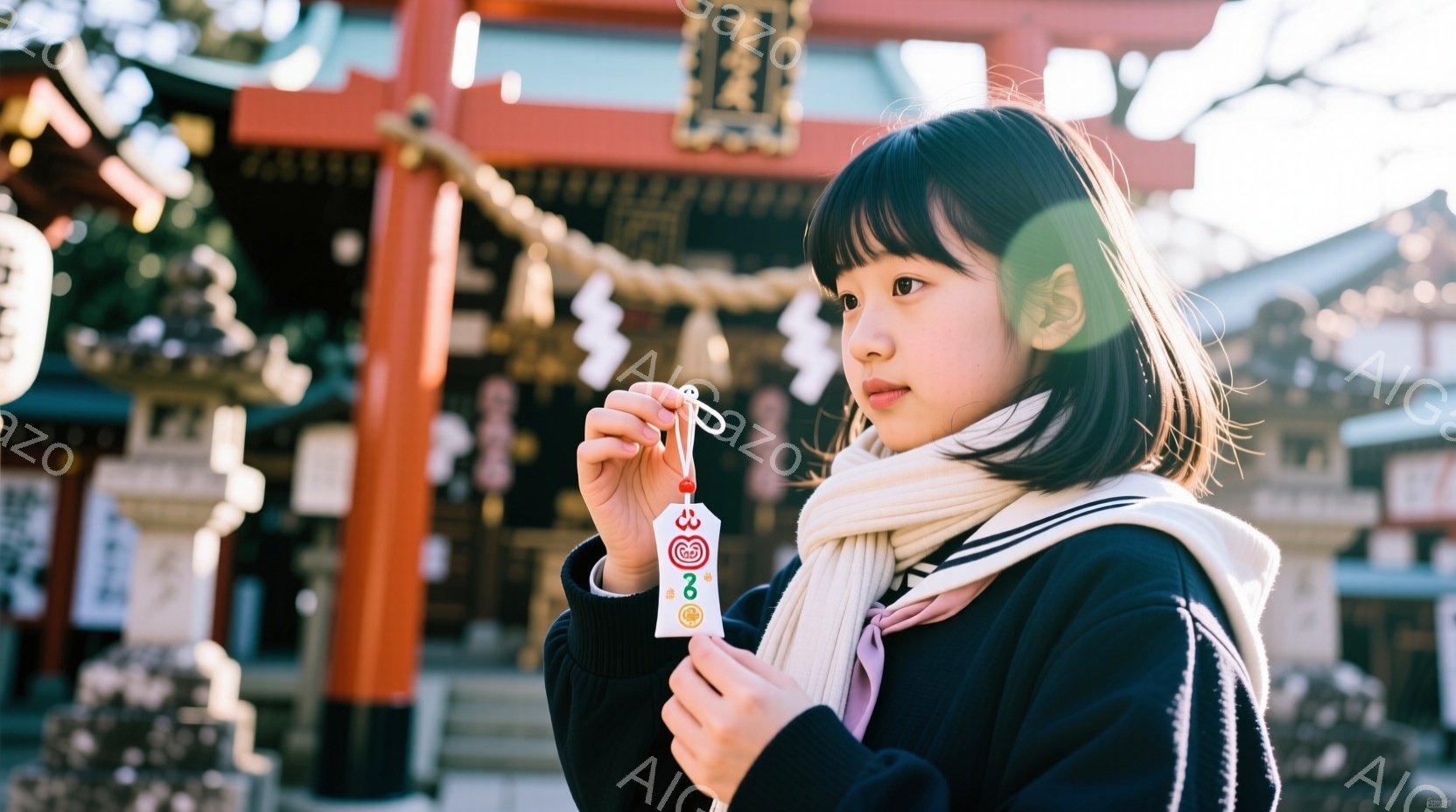 茶色の髪の少女が、白いお守りを手にしています。彼女は冬らしい濃い青色のセーターと白いマフラーを身に着け、少し上目遣いをして何かを見つめています。背景には赤い鳥居と木々があり、晴れた冬の日らしい穏やかな雰囲気が漂っています。