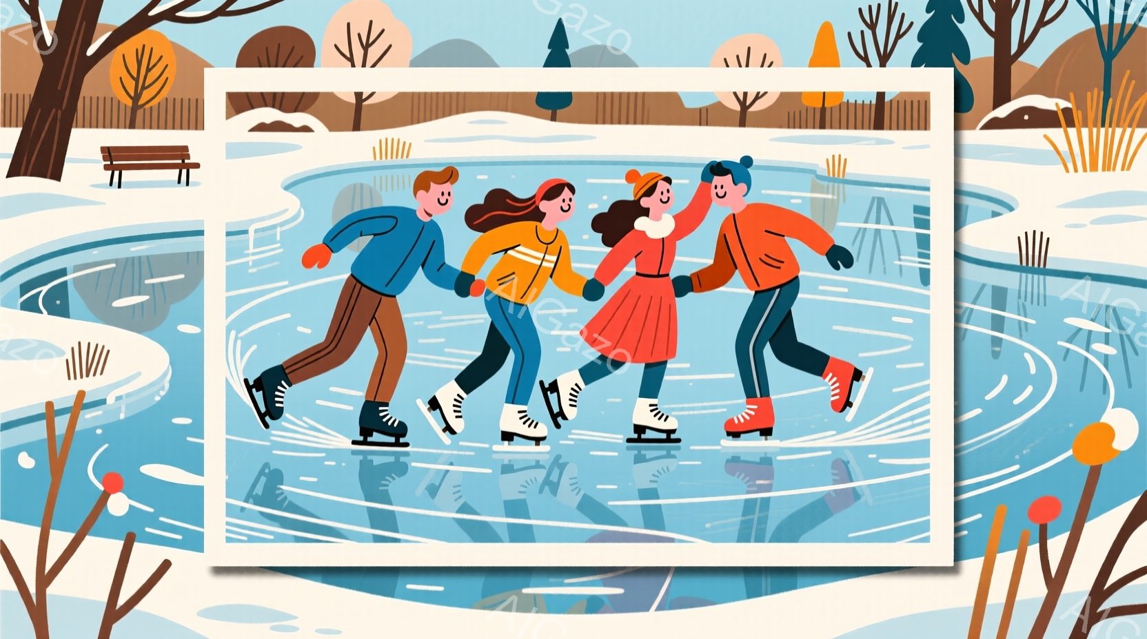 凍った湖の上で、4人の人物がスケートを楽しんでいます。彼らはそれぞれ異なる色の暖かい冬服を着ており、赤髪の女性は赤いワンピース、他の3人は青、ピンク、黄色系のセーターとズボンを着用しています。背景には、雪に覆われた木々とベンチがあり、冬の穏やかな雰囲気を醸し出しています。