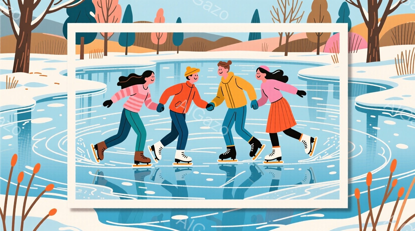 ４人の人物が氷上をスケートしているイラストです。それぞれ異なる色の暖かい冬服を着ており、笑顔で手をつないで楽しんでいます。背景には雪景色が広がり、遠くには木々が見え、冬の暖かく楽しい雰囲気が表現されています。