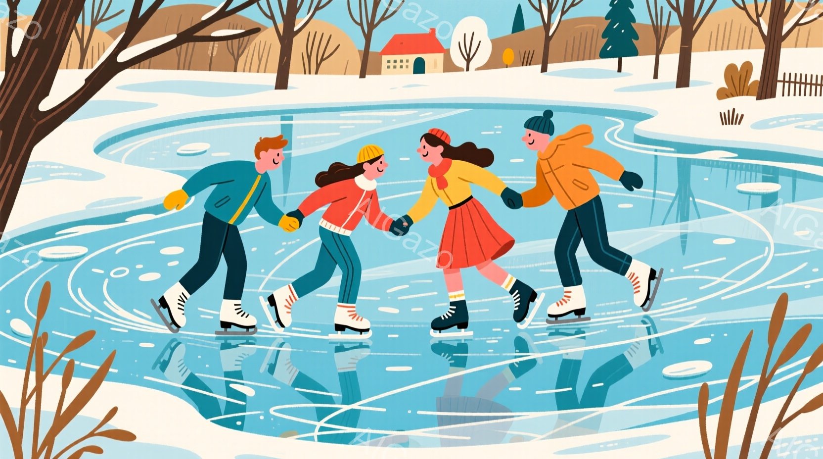 氷上をスケートする四人の人物が描かれています。彼らはそれぞれ緑、青、赤、オレンジの冬物ウェアを身につけ、笑顔で楽しんでいます。背景には雪景色が広がり、遠くに家と木々が見え、冷たい空気の中に暖かな雰囲気を感じさせます。