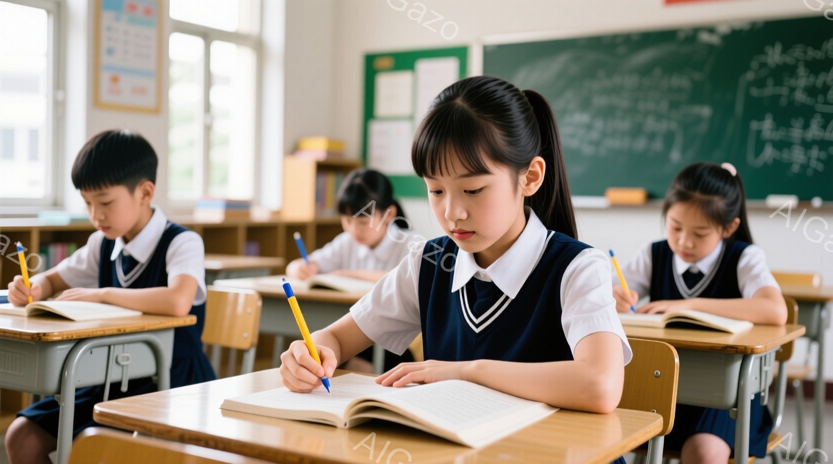 制服を着た小学生たちが教室で授業を受けている様子が写っている。女の子は黒髪をポニーテールにし、真剣な表情でノートに何かを書き込んでいる。背景には黒板があり、いくつかの文字や絵が描かれているが、教室は明るく整頓されている。