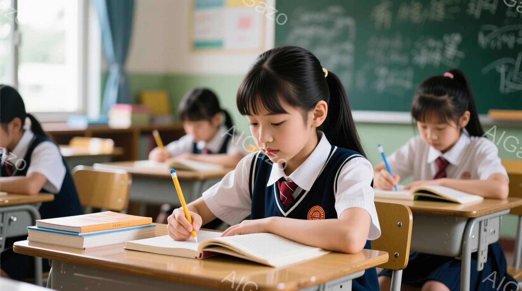 制服を着た少女たちが教室で勉強しています。彼女たちは皆、濃い髪を後ろで結び、集中した表情でノートに書き込み、姿勢も良く、真剣に取り組んでいます。教室の黒板には文字が書かれており、木製の机と椅子が整然と - AI生成フリー素材