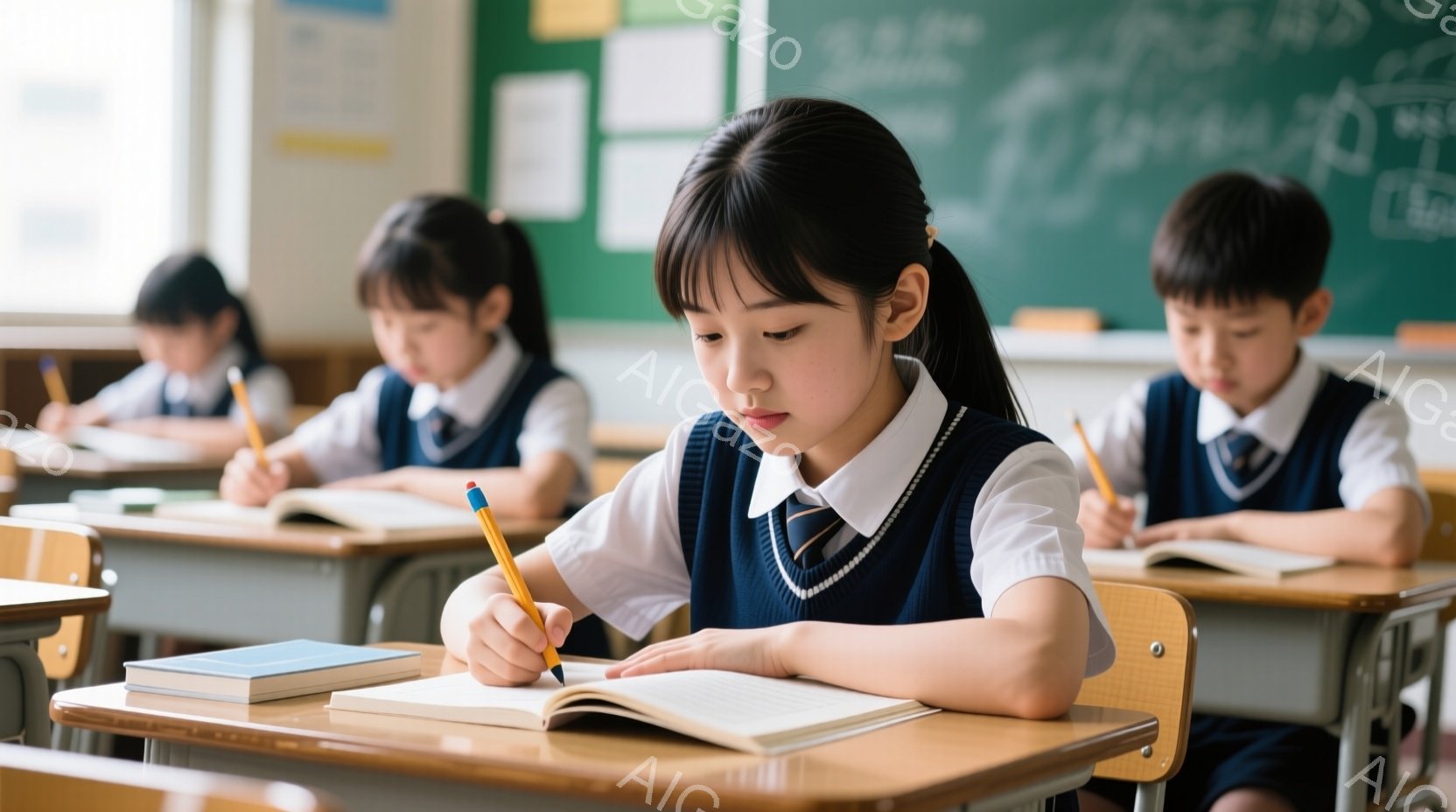 制服を着た少女が教室で前にかがんでノートに集中して書き込みをしている。彼女は濃い色のセーターベストと白いシャツを着ており、髪は後ろで一つに結ばれている。教室には他の生徒もおり、木製の机と椅子が並び、黒板には文字が書かれている。