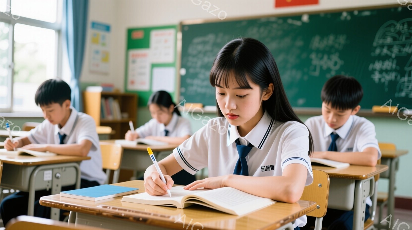 教室の中で、制服を着た女子生徒が授業に集中して書き物をしています。彼女は長い前髪とサイドの髪を耳にかけるヘアスタイルで、真剣な表情でペンを握り、机に置かれた開いたノートに書き込んでいます。背景には他の - AI生成フリー素材