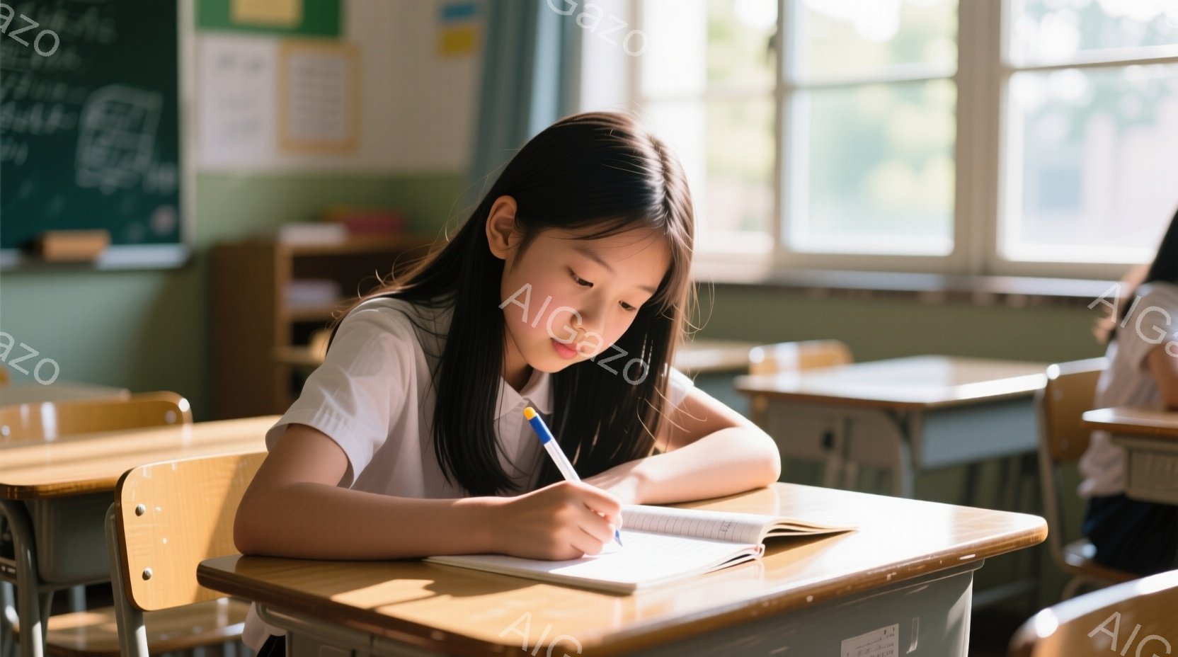 茶髪の少女が教室で机に向かい、ノートに青いペンで何か書き込んでいます。彼女は白いシャツを着ており、集中した表情で筆記に没頭しています。教室には木製の机が並び、窓から差し込む光が穏やかな雰囲気を醸し出しています。