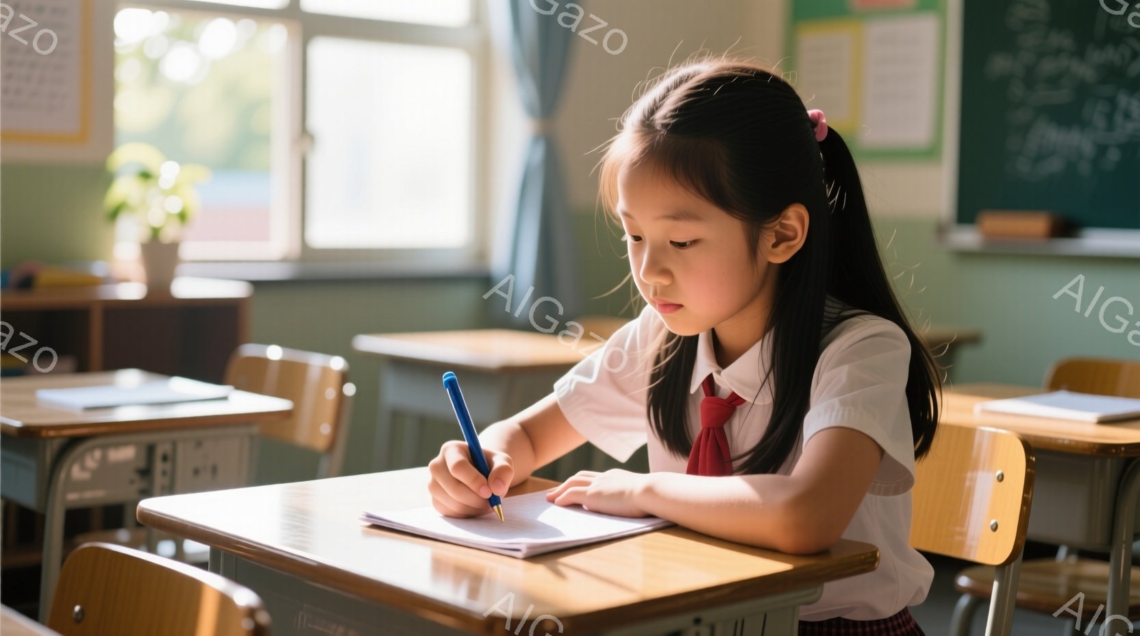 茶色の髪をポニーテールにした幼い女の子が、教室で机に向かってペンで何かを書いています。白いシャツに赤いネクタイ、チェック柄のスカートという制服を着ており、真剣な表情で筆記に集中しています。背景には他の - AI生成フリー素材
