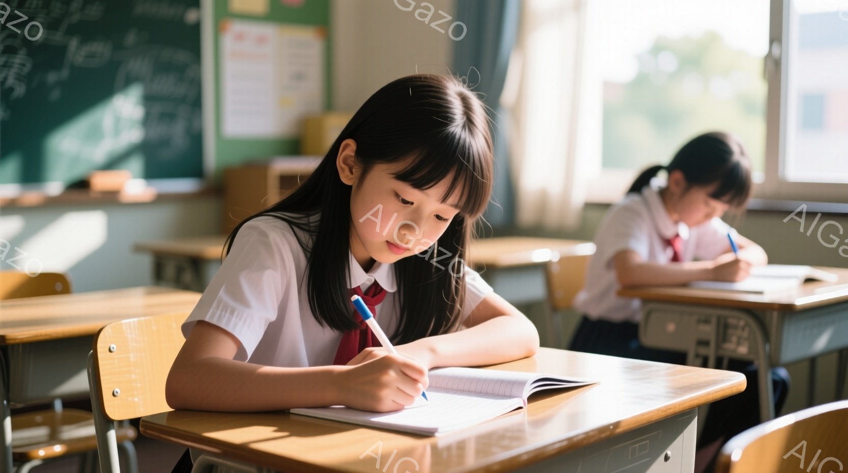 教室で、制服を着た少女が机に向かって集中して何かを書き込んでいる。彼女は黒髪で、前髪が目にかかるように切られている。教室は明るく、他の生徒も後ろで学習しており、学習に集中した穏やかな雰囲気が漂っている。