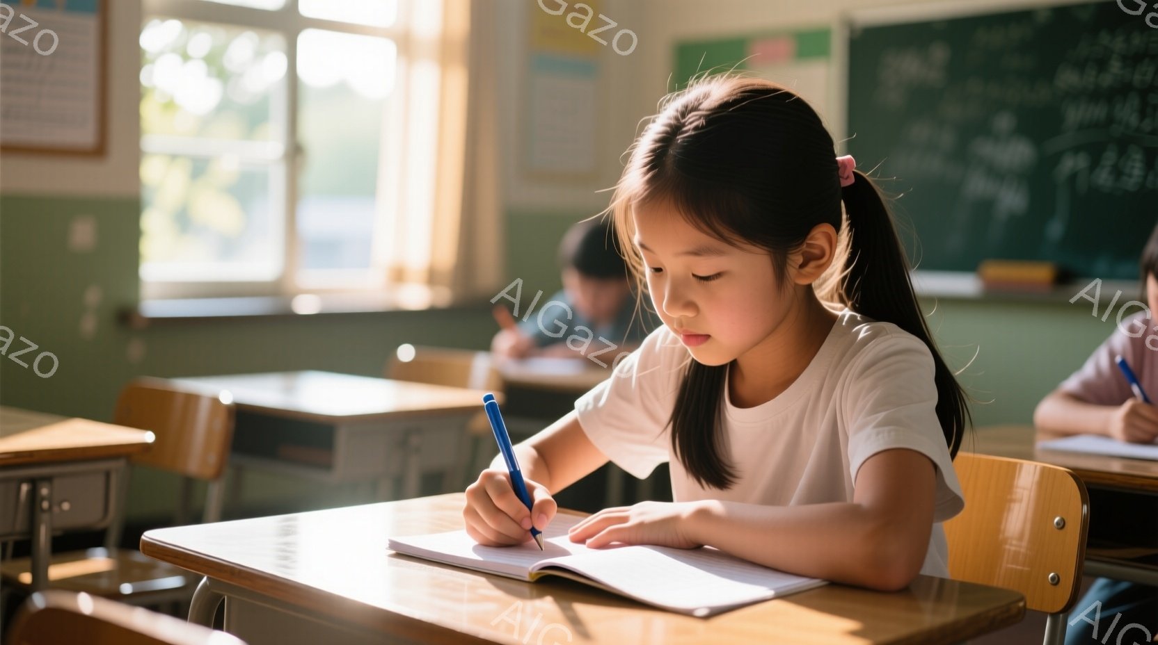 小さな女の子が教室で机に向かい、青いペンでノートに何かを書き込んでいます。彼女は白いTシャツを着ており、黒い髪は後ろで一つに結ばれています。教室には木製の机と椅子が並び、窓からは自然光が差し込み、明るく穏やかな雰囲気です。
