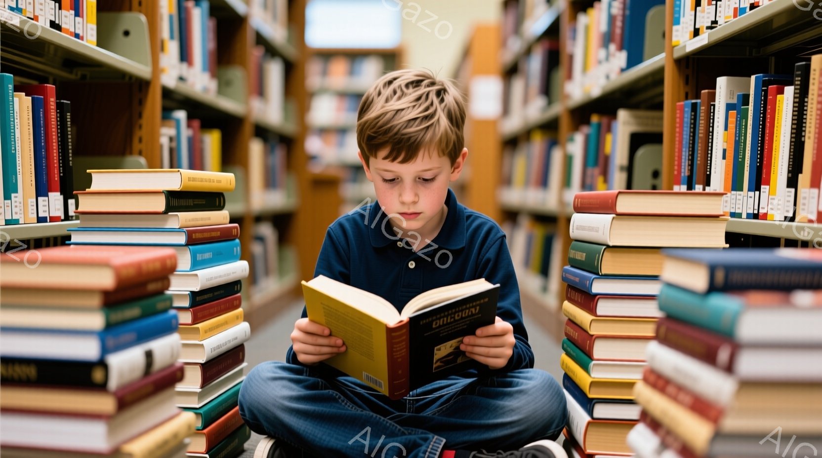 若い少年が図書館の床に座り、本を熱心に読んでいる。彼は青いポロシャツを着ており、短く刈り込んだ茶色の髪をしている。本の周りには、様々な色や大きさの本が積み上げられ、図書館の静かで知的な雰囲気を強調している。