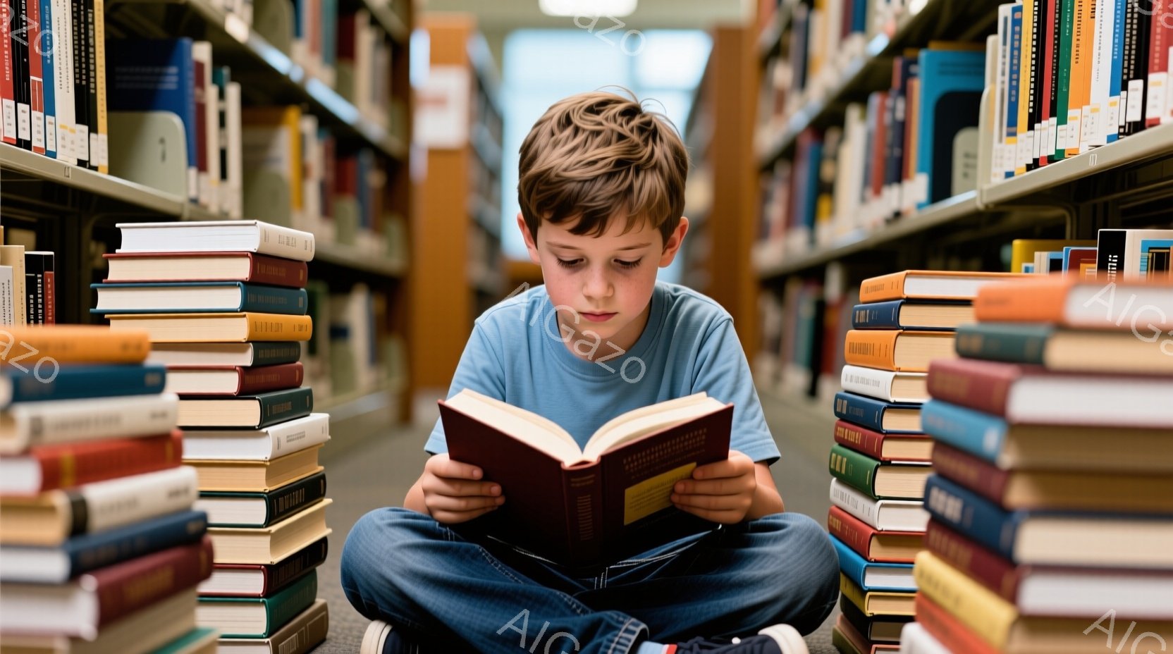 一人の少年が床に座り、膝を曲げて本を読んでいます。彼は青いTシャツとジーンズを着ており、茶色の髪は少し無造作に整えられています。背景には本の山が積み上げられ、図書館の棚が並び、集中して読書に取り組む少年の姿が印象的です。