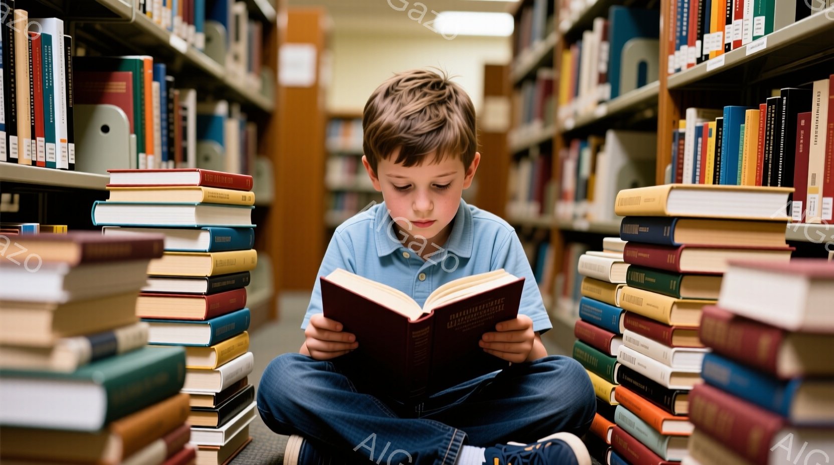 茶髪の少年が、図書館と思われる場所で床に座って本を読んでいる。彼は青いポロシャツとジーンズを着用し、集中した表情で本を見つめている。周囲には積み上げられた本の山が並び、整然とした書架が背景にぼやけて見える、静かで知的な雰囲気が漂う。