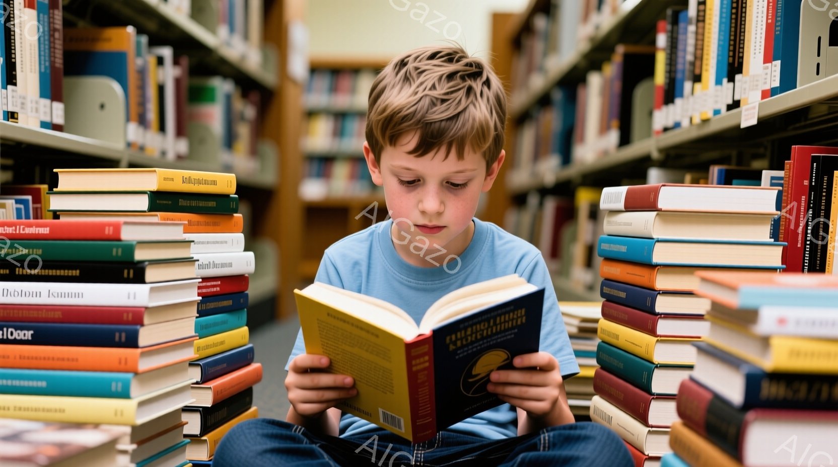 少年は床に座り、膝を曲げて本に集中して読んでいる。彼は青いTシャツを着ており、短く明るい茶色の髪をしている。背景には、積み重ねられた本棚があり、読書に没頭している少年の集中した雰囲気を強調している。