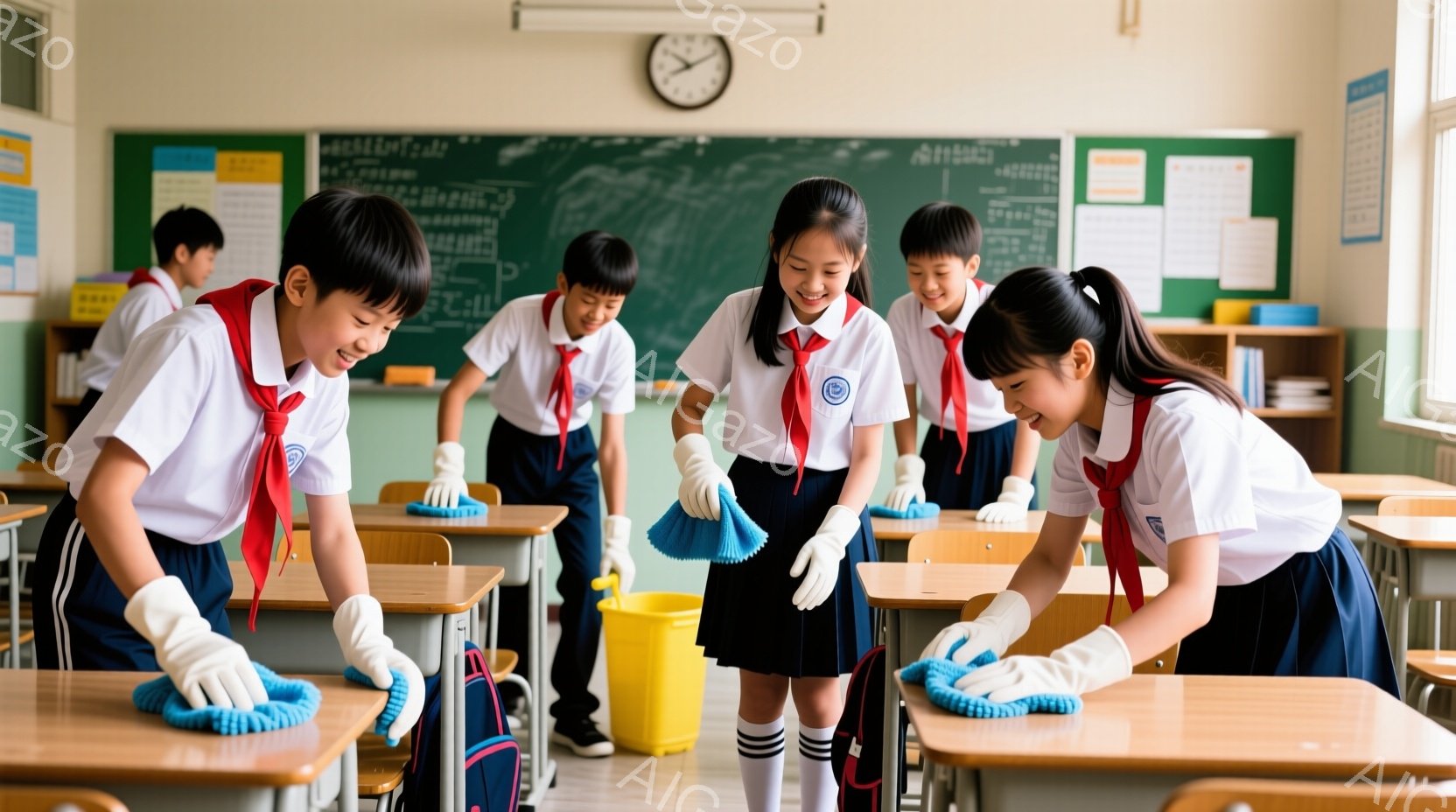 学生たちは皆、白いシャツに青いスカートまたはズボン、赤いネクタイ、白い靴下を履いた制服を着ています。彼らは教室で机を拭き、楽しそうに掃除をしています。背景には黒板、机、椅子があり、明るく清潔な教室の雰囲気です。