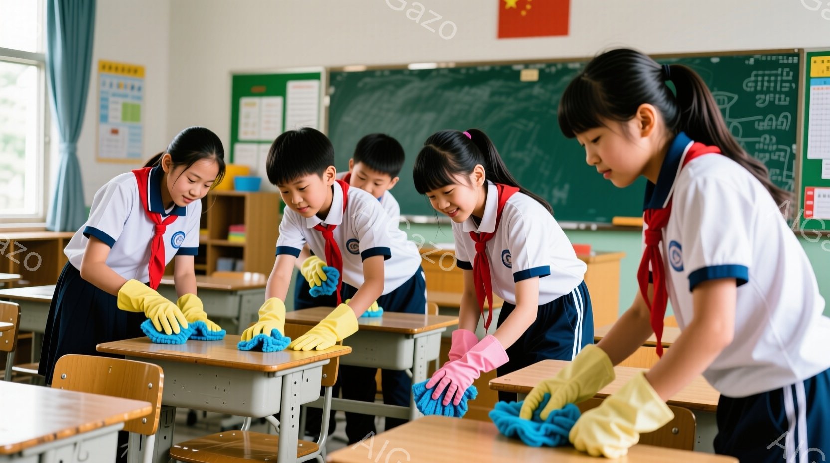 制服を着た複数の生徒が教室で机を拭いています。生徒たちは紺色のスカートまたはズボンに、白いシャツと赤いネクタイ姿で、明るい表情で協力して掃除をしています。教室には木製の机と椅子が並び、黒板には文字や絵が描かれており、清潔で活気のある雰囲気です。
