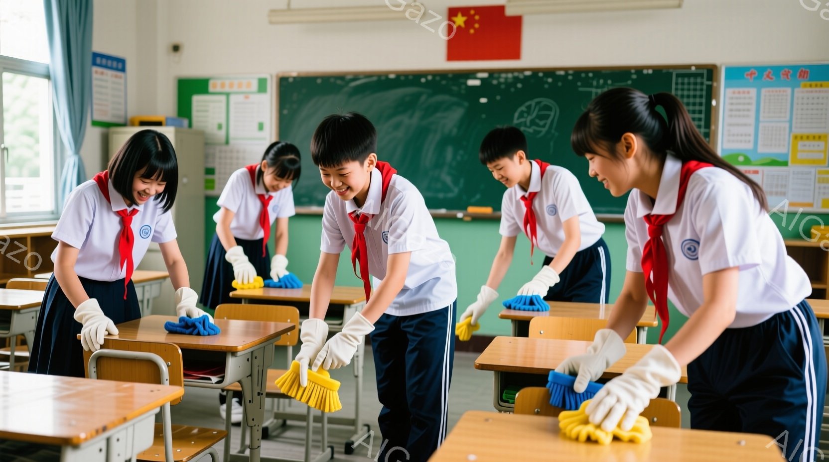 学生たちは皆、白いシャツに赤いネクタイ、紺色のズボンまたはスカートという制服を着て、教室の机を掃除しています。笑顔で姿勢良く掃き、明るく清潔な雰囲気が漂っています。教室の黒板には文字やポスターが貼られ、教室の窓から外の風景が見えます。